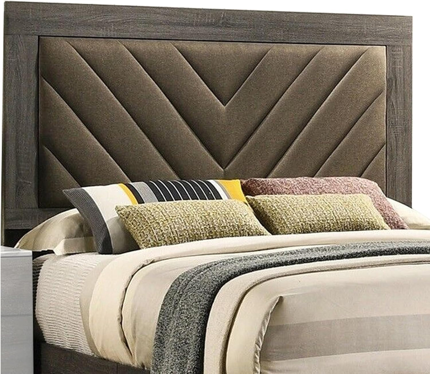 Gray wood and brown upholstered chevron headboard for a modern bed