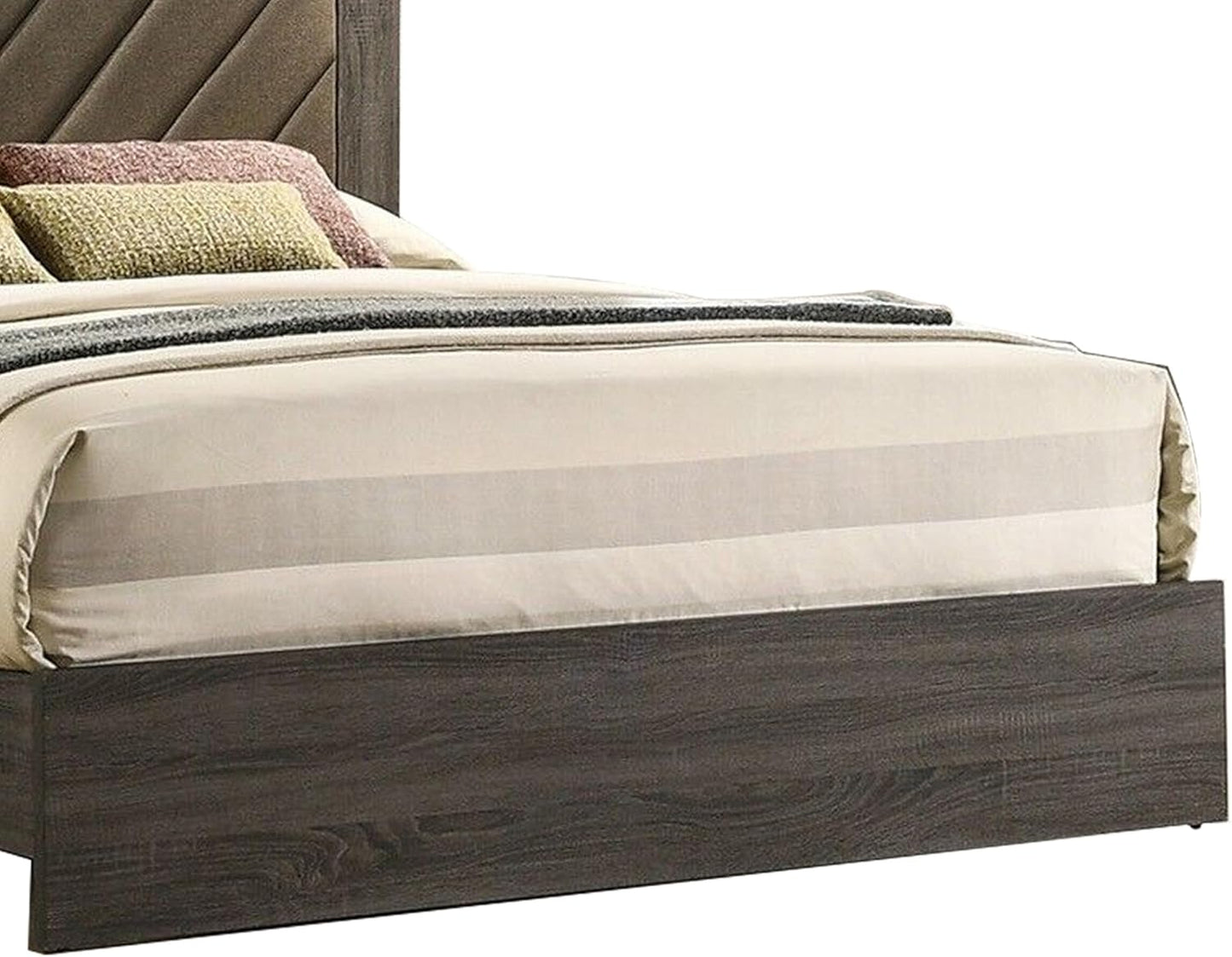 Modern gray wood platform bed frame with upholstered headboard and striped bedding