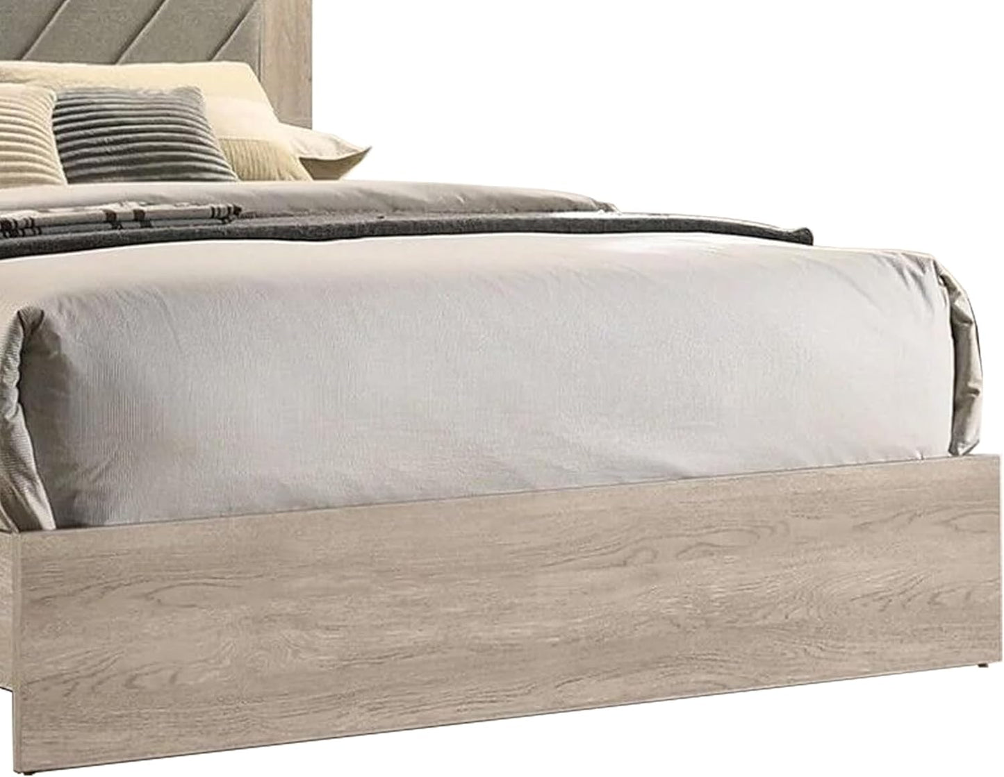 Modern upholstered bed frame with light wood grain finish and grey fabric headboard