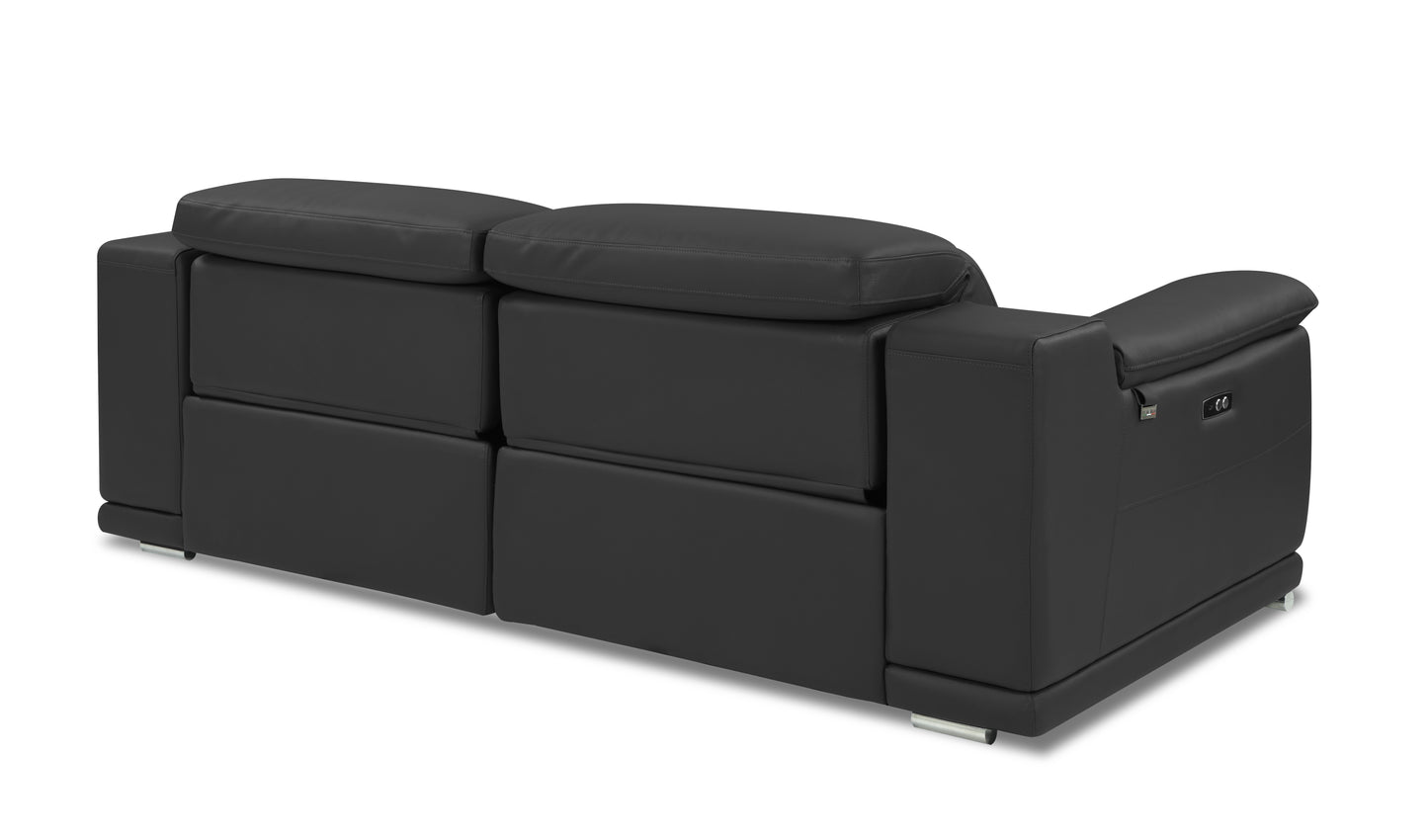 Sleek black leather reclining sofa with adjustable headrests and chrome legs