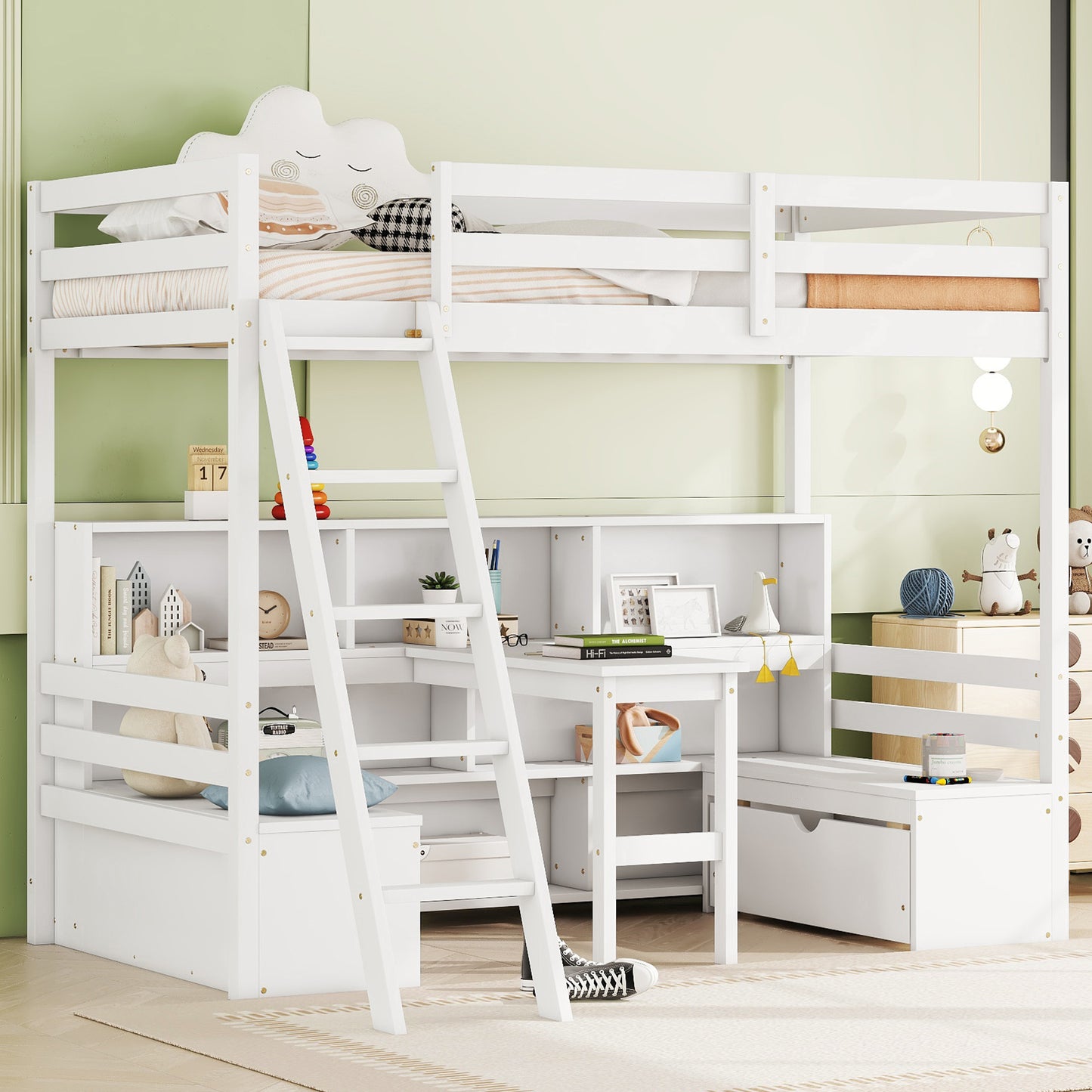 White loft bed with integrated desk and storage