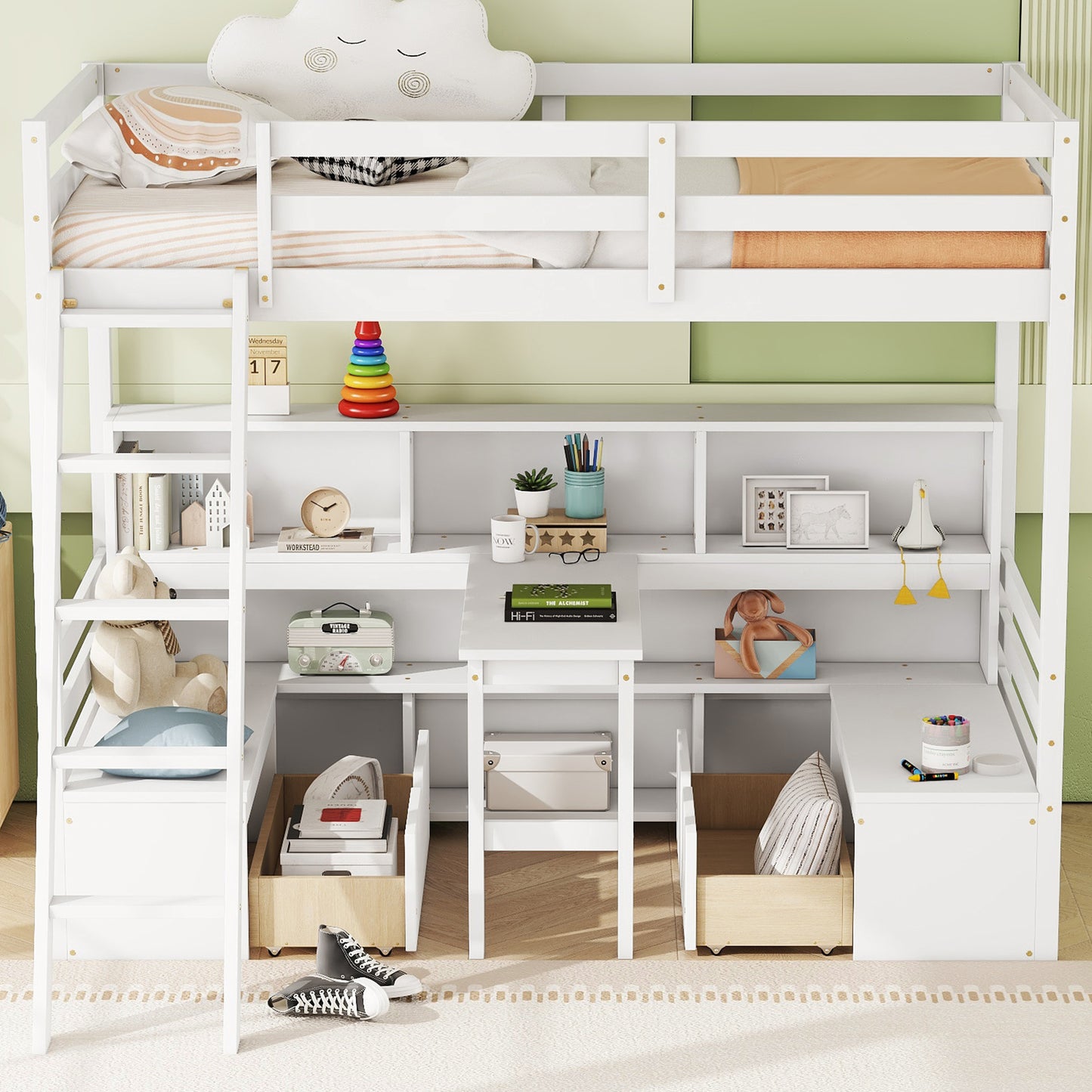 White wooden loft bed with integrated desk and shelves for kids