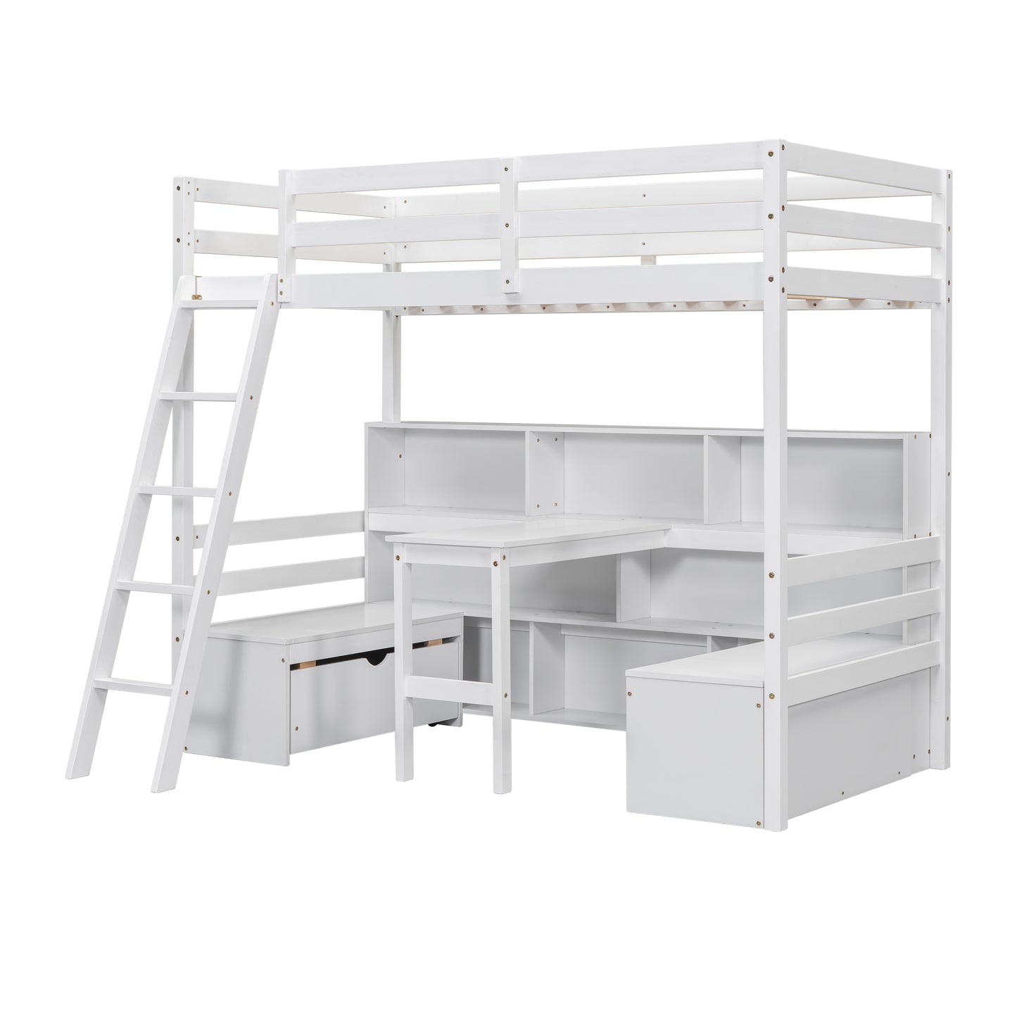 White wooden loft bed with integrated desk and shelving