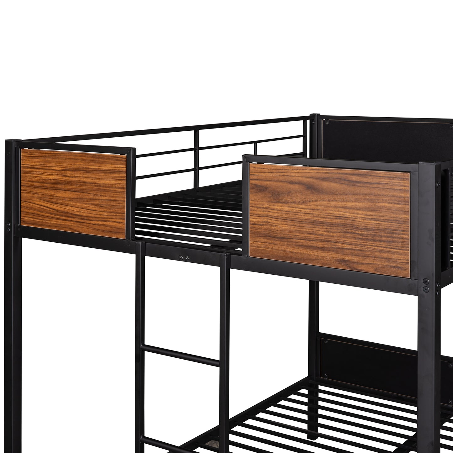 Black metal bunk bed frame with woodgrain accents