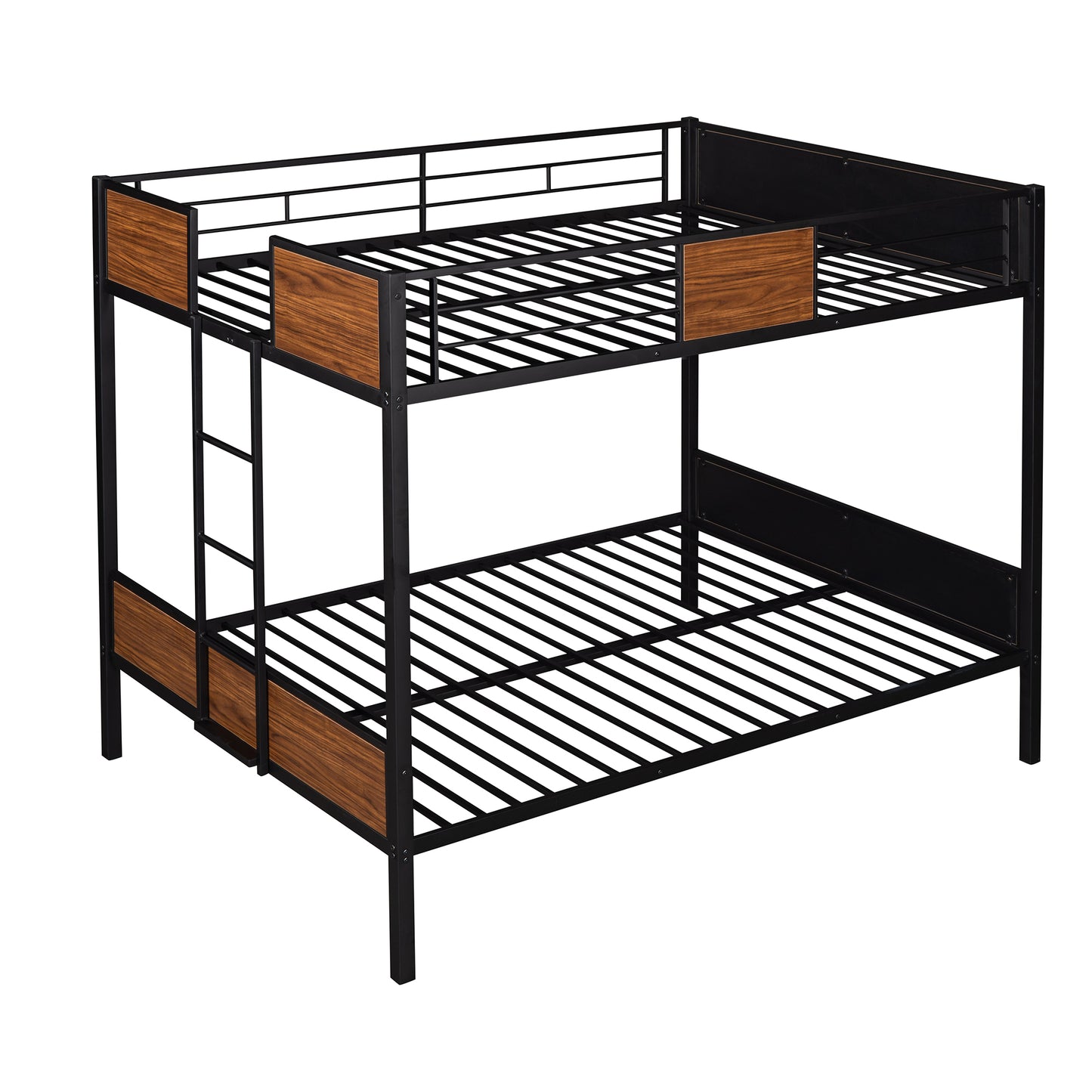 Black metal twin over twin bunk bed with woodgrain accents
