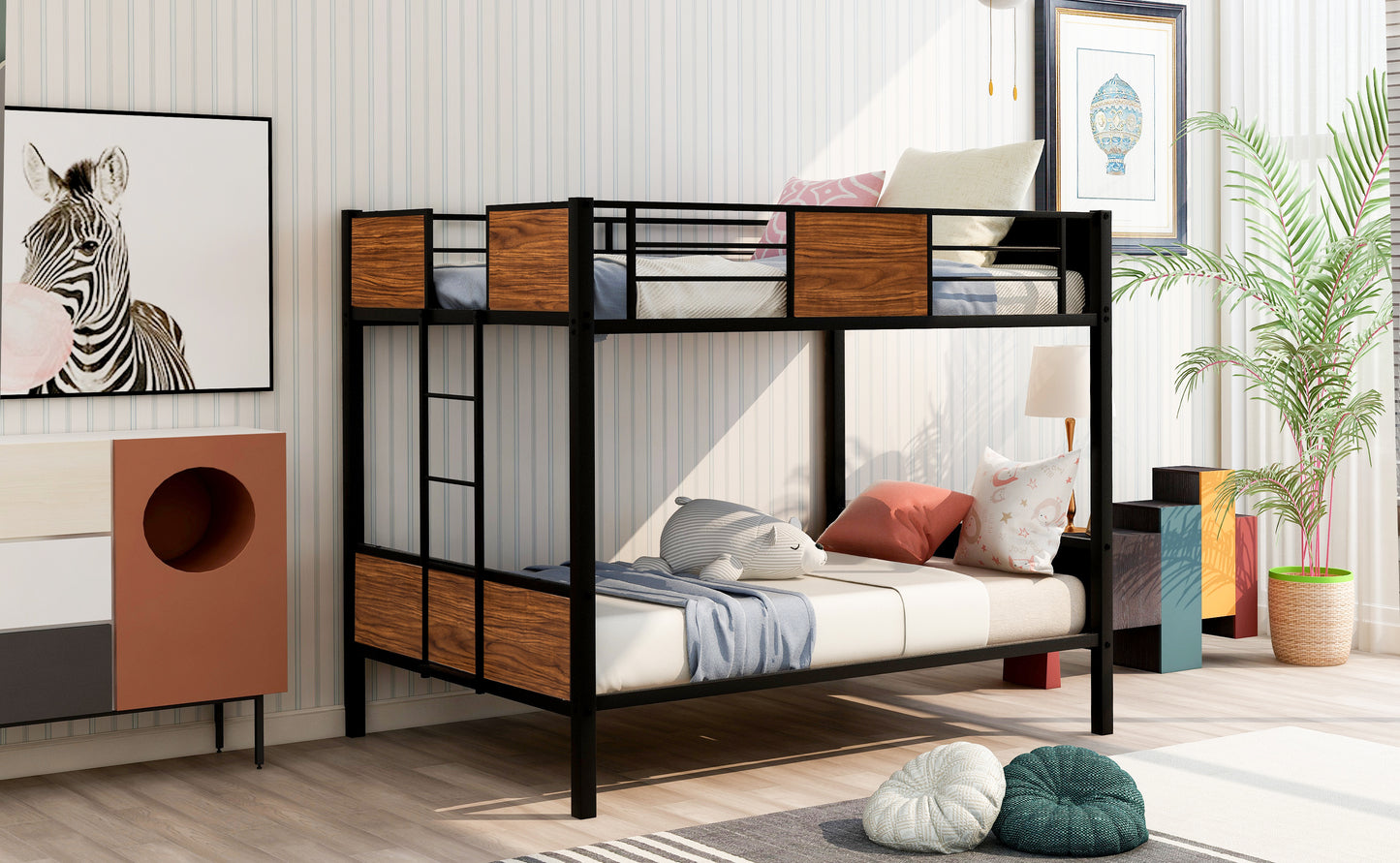 Black metal frame bunk bed with woodeffect panels for kids