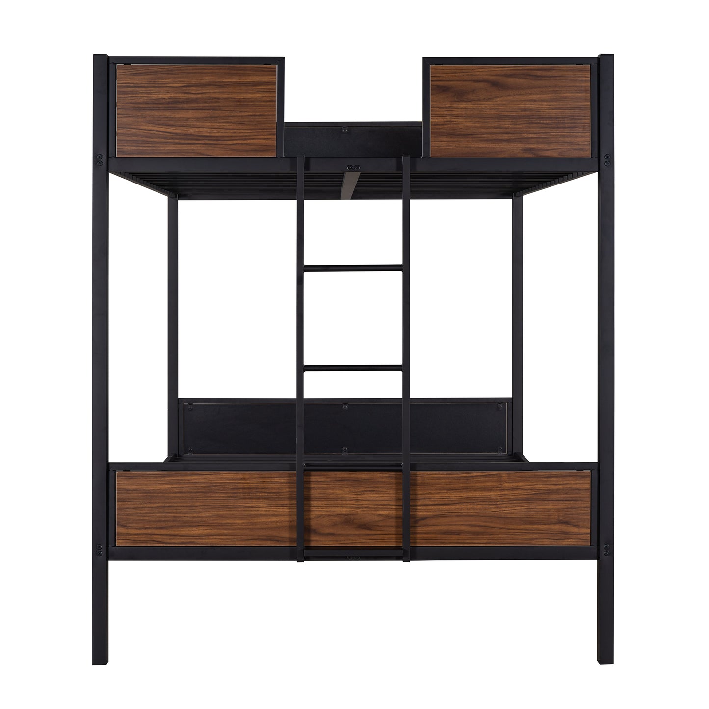 Black metal bunk bed with walnut wood accents and integrated ladder