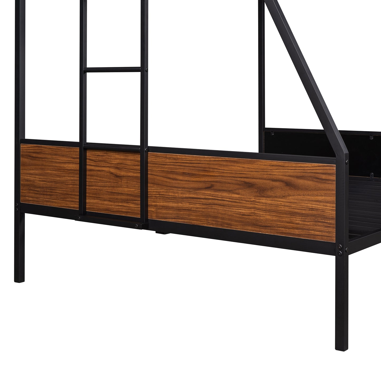 Black metal frame bunk bed with woodlook panels and ladder rungs