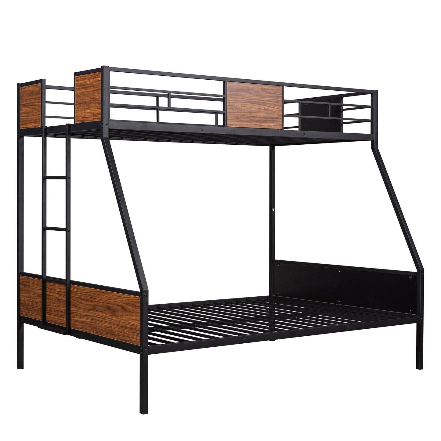 Black metal bunk bed with woodgrain accents