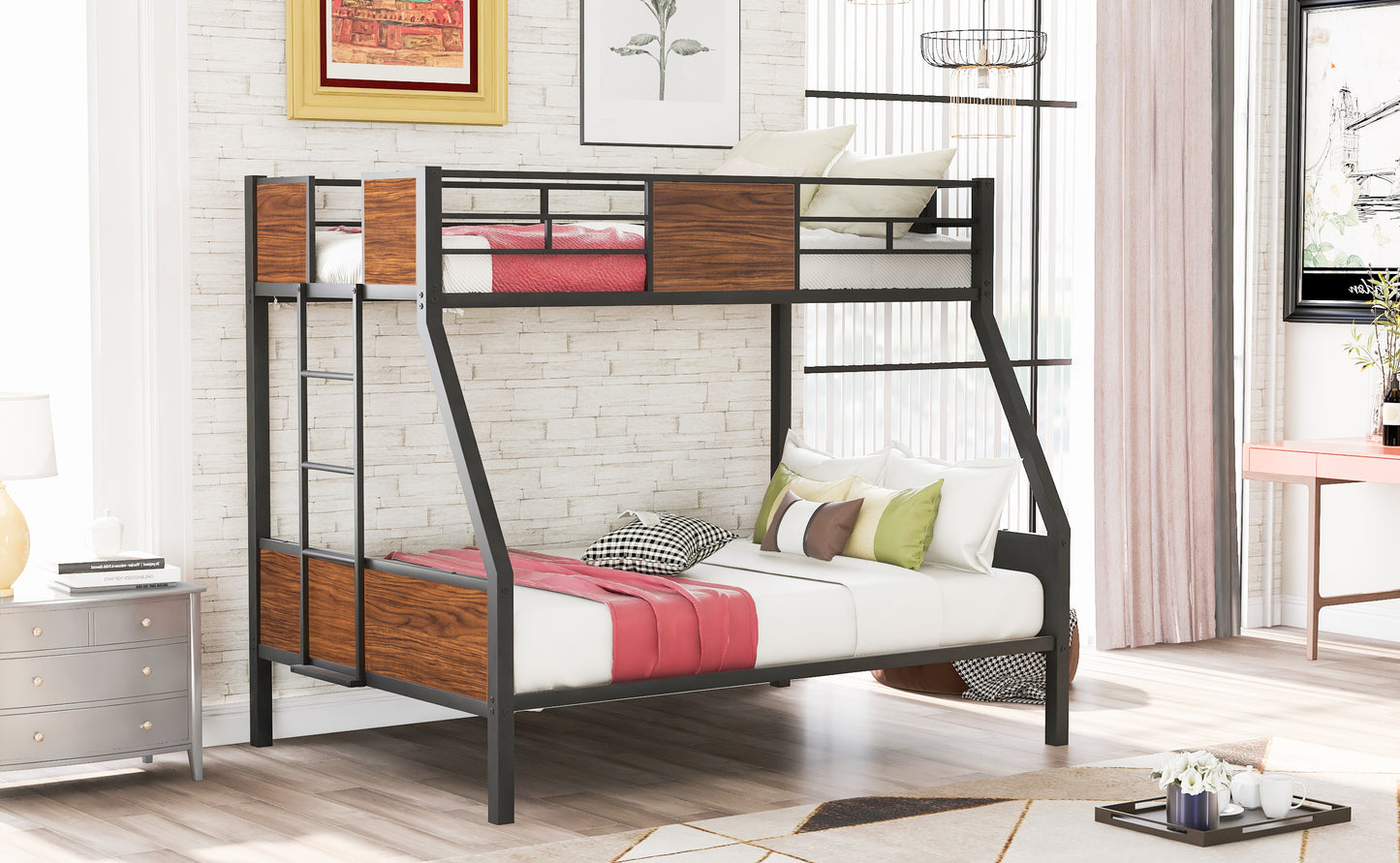 Black metal and wood bunk bed with white mattresses and red bedding