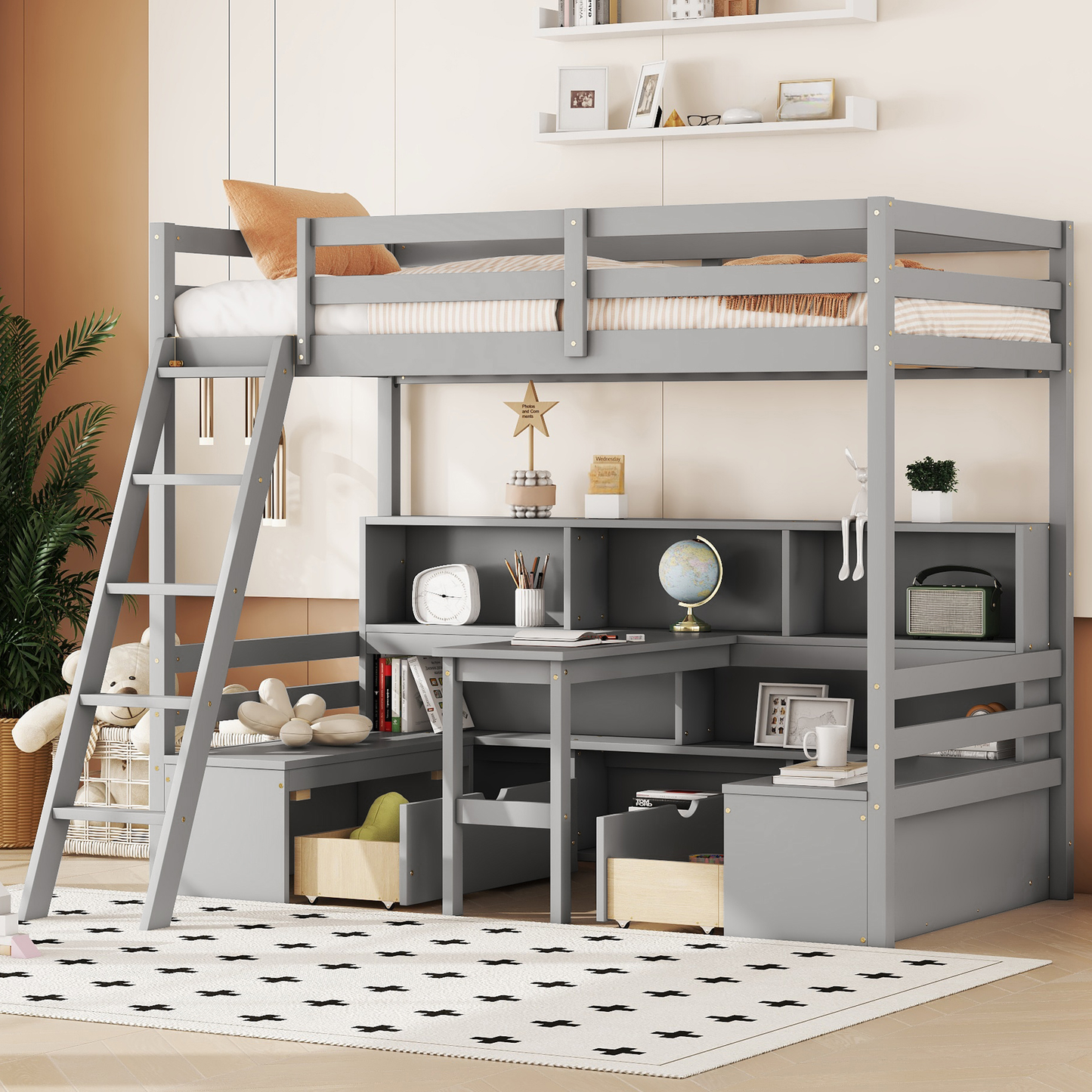 Grey wooden loft bed with integrated desk and storage shelves