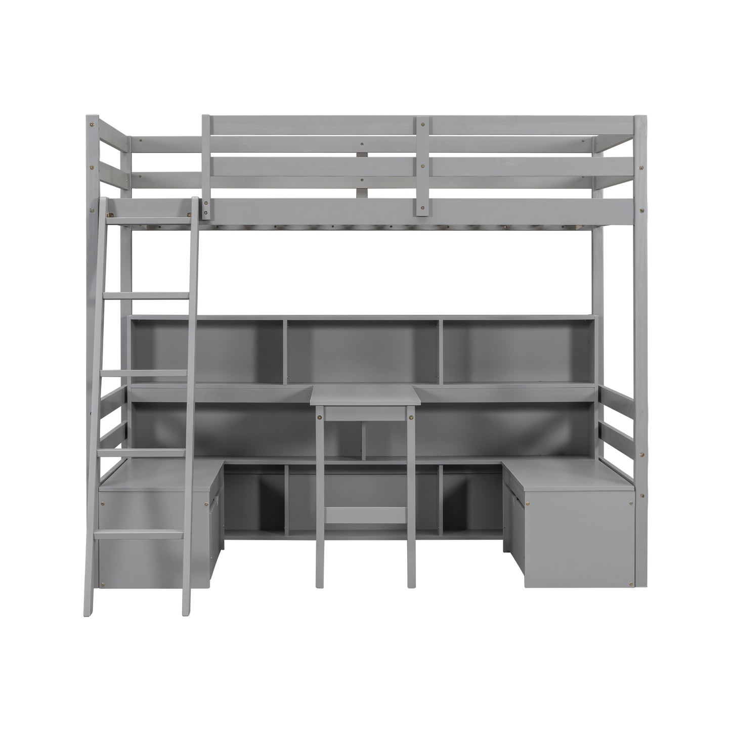 Gray loft bed with integrated desk and storage shelves