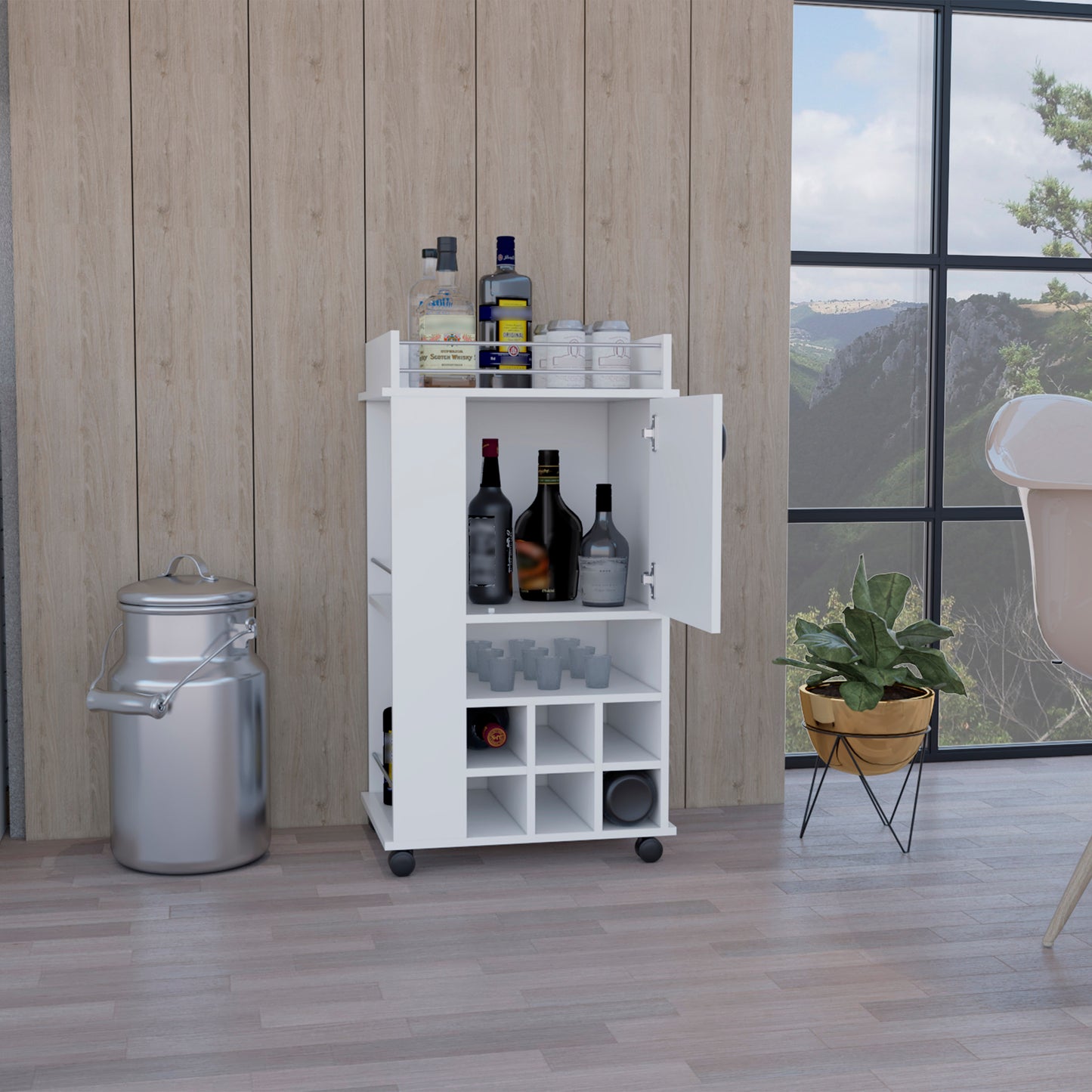 White rolling bar cart with wine rack and glass storage