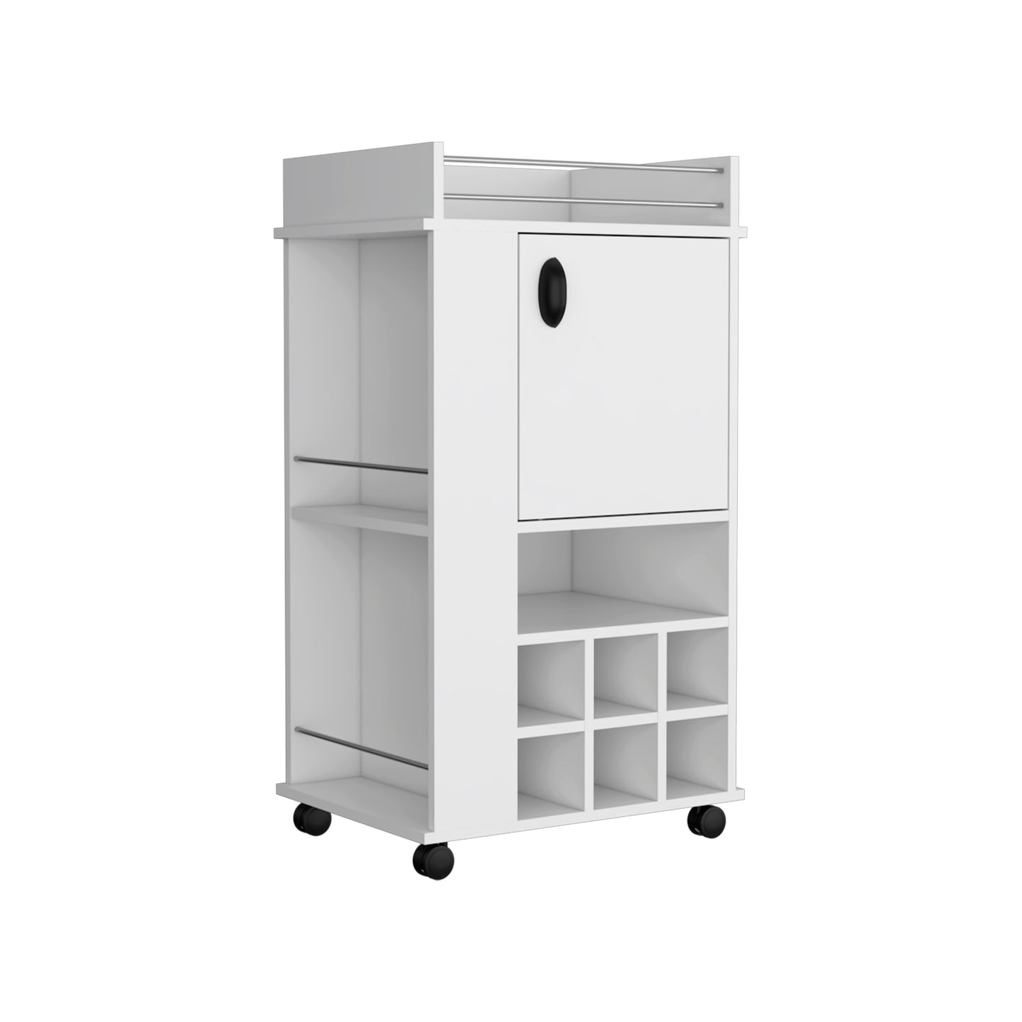 White rolling bar cart with wine rack