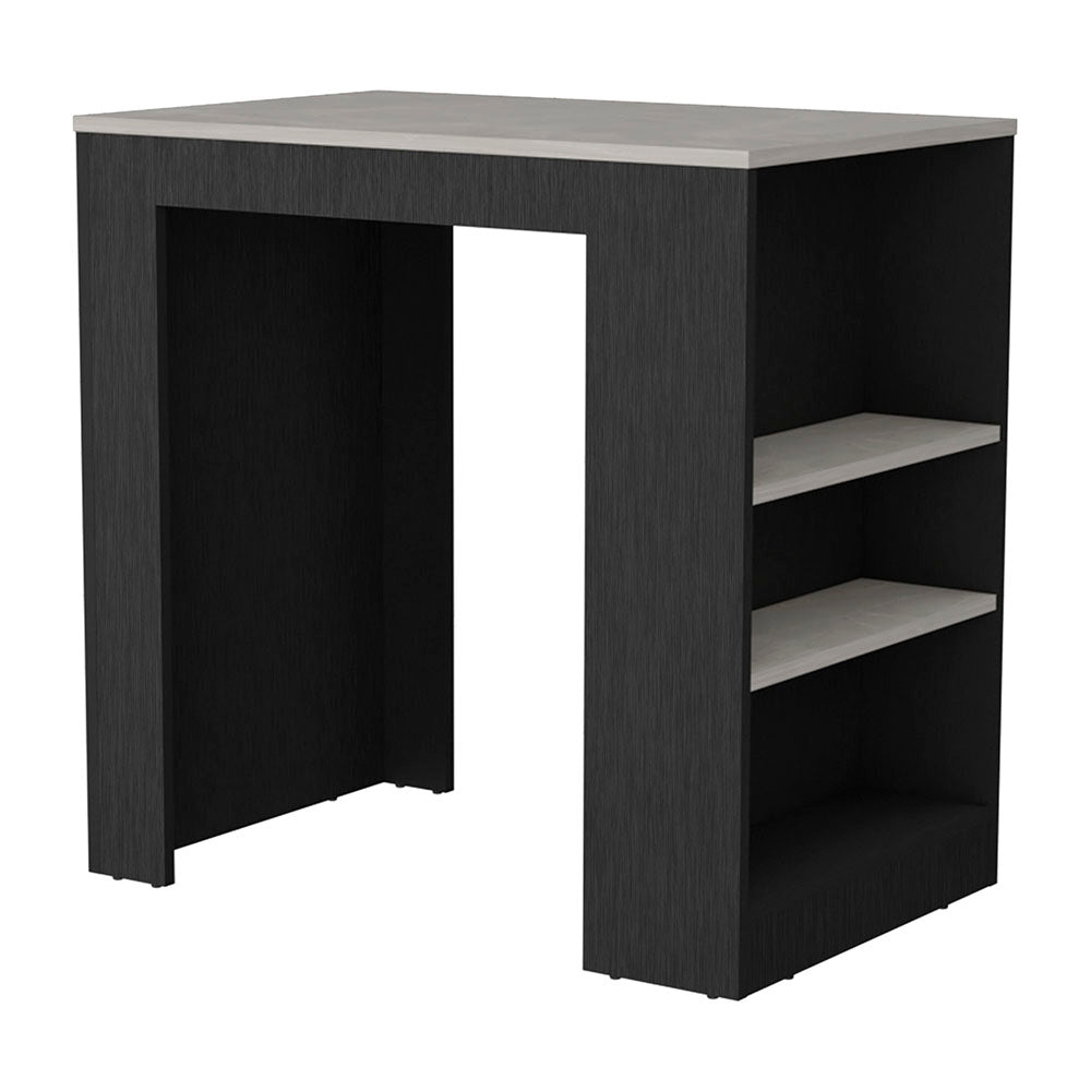 Modern black wood bar table with open shelving and a light grey countertop