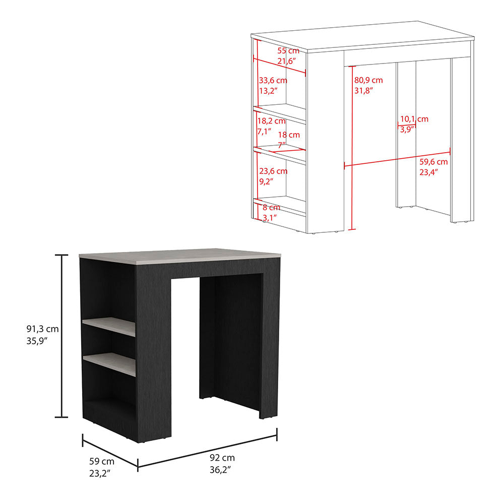 Modern bar table with dark wood finish and three open shelves