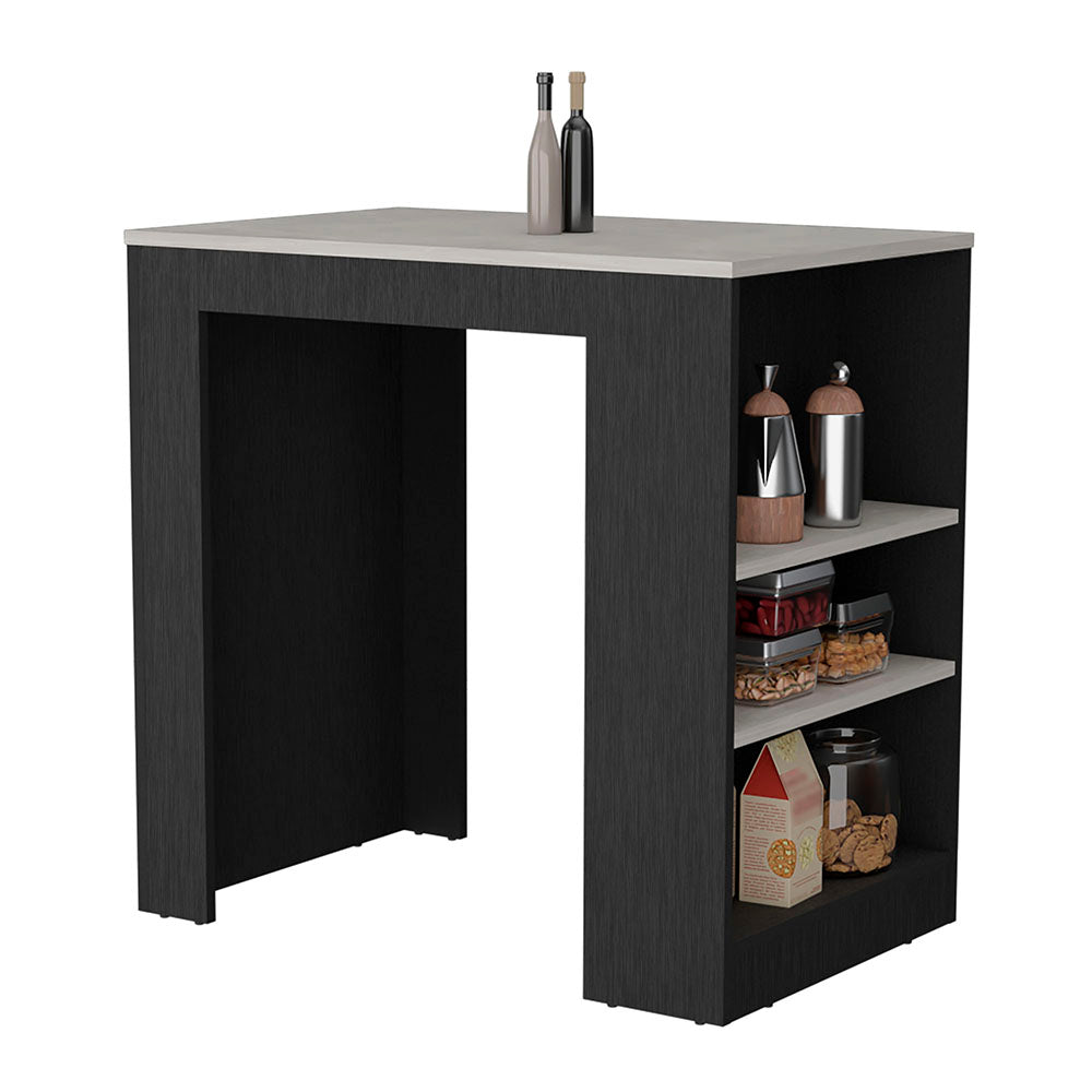Modern dark wood breakfast bar with light grey countertop and open shelving