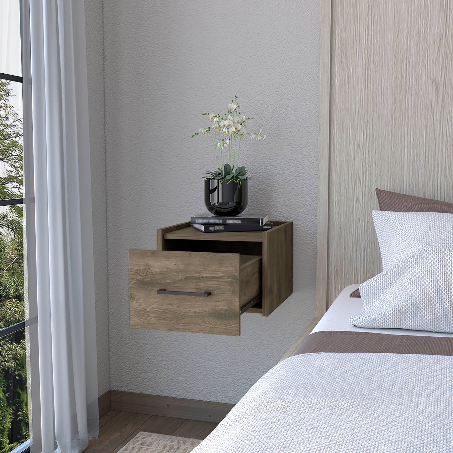 Floating nightstand with weathered wood finish one drawer open minimal design for modern bedrooms