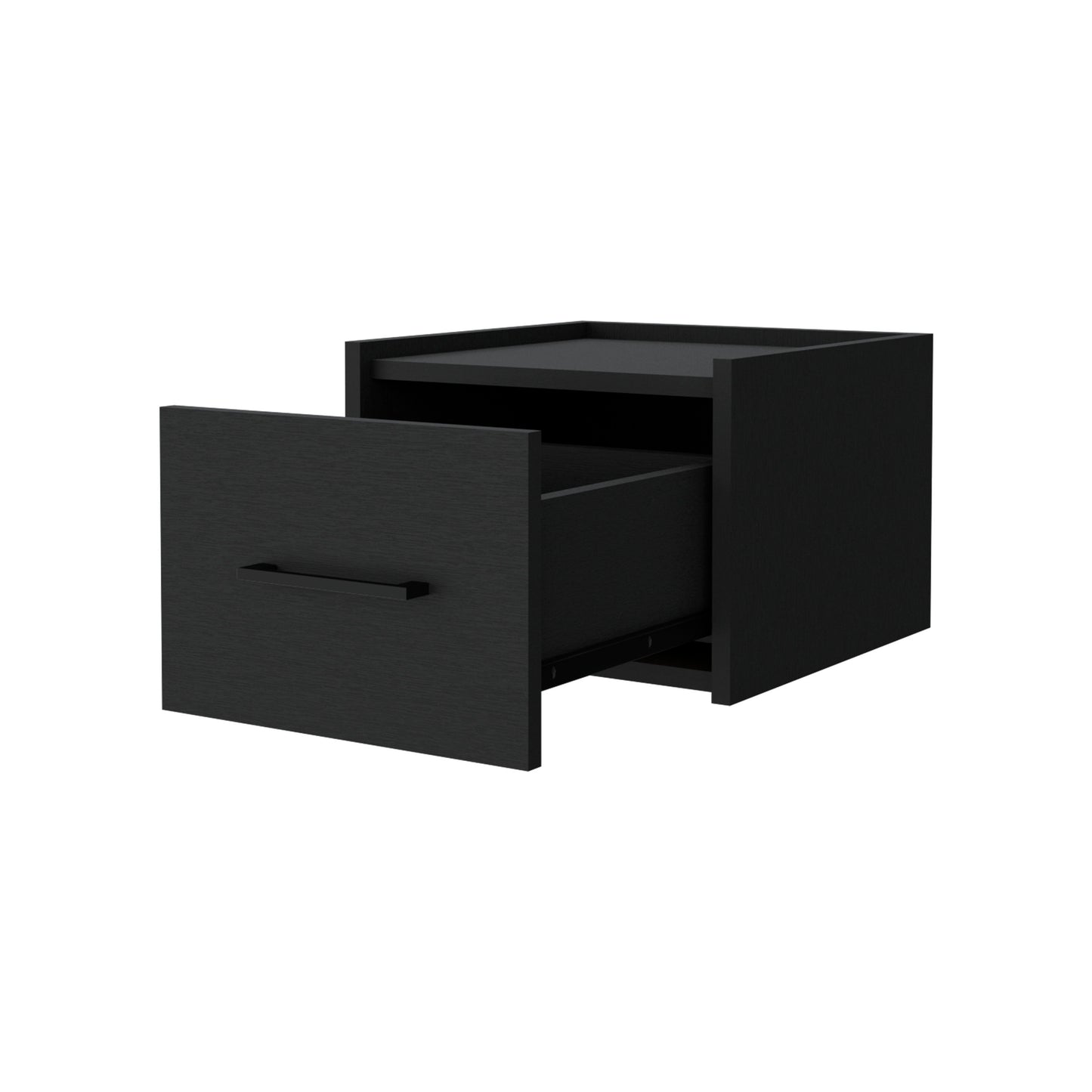 Black modern bedside table with open drawer and metal handle