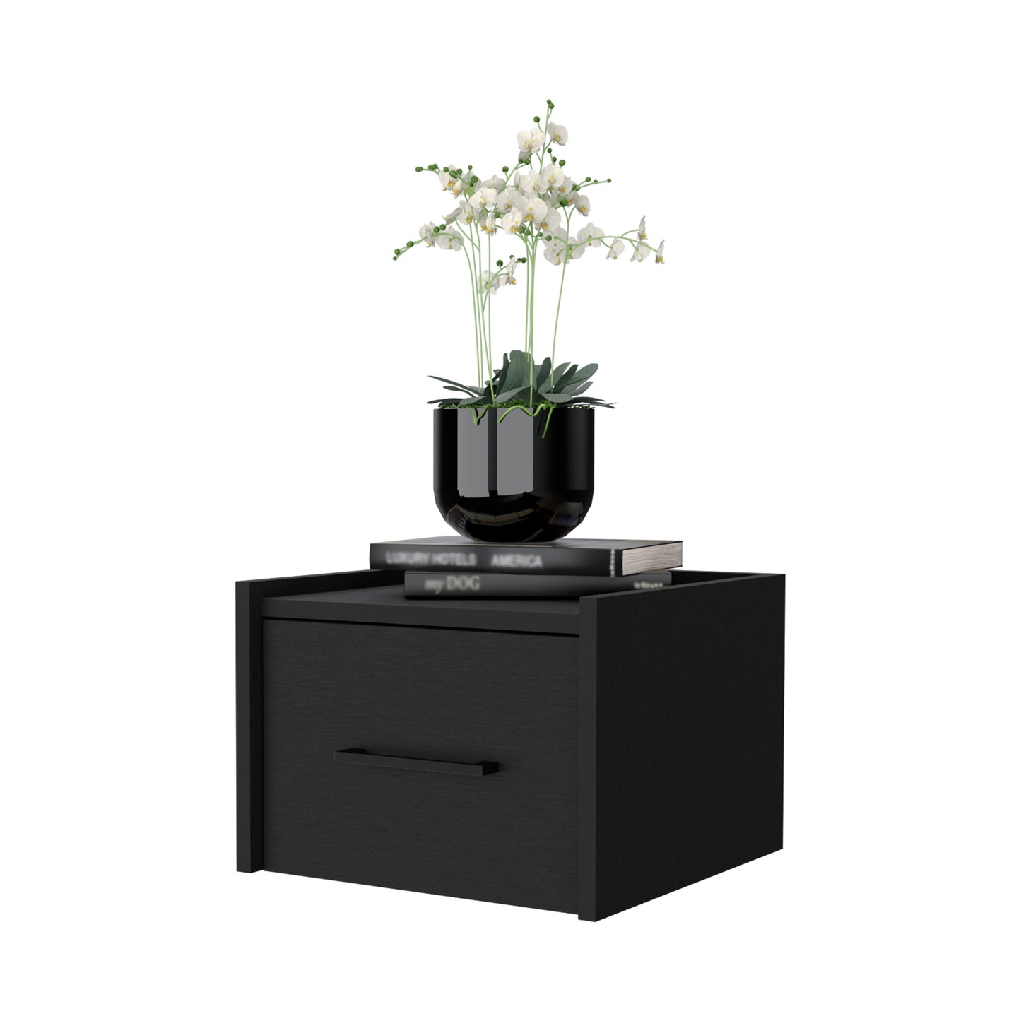 Black wood nightstand with a single drawer and modern black handle topped with books and an orchid plant