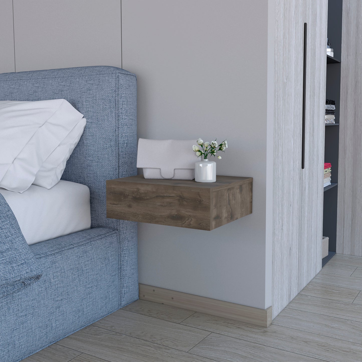 Floating nightstand with rustic wood finish perfect for modern bedrooms