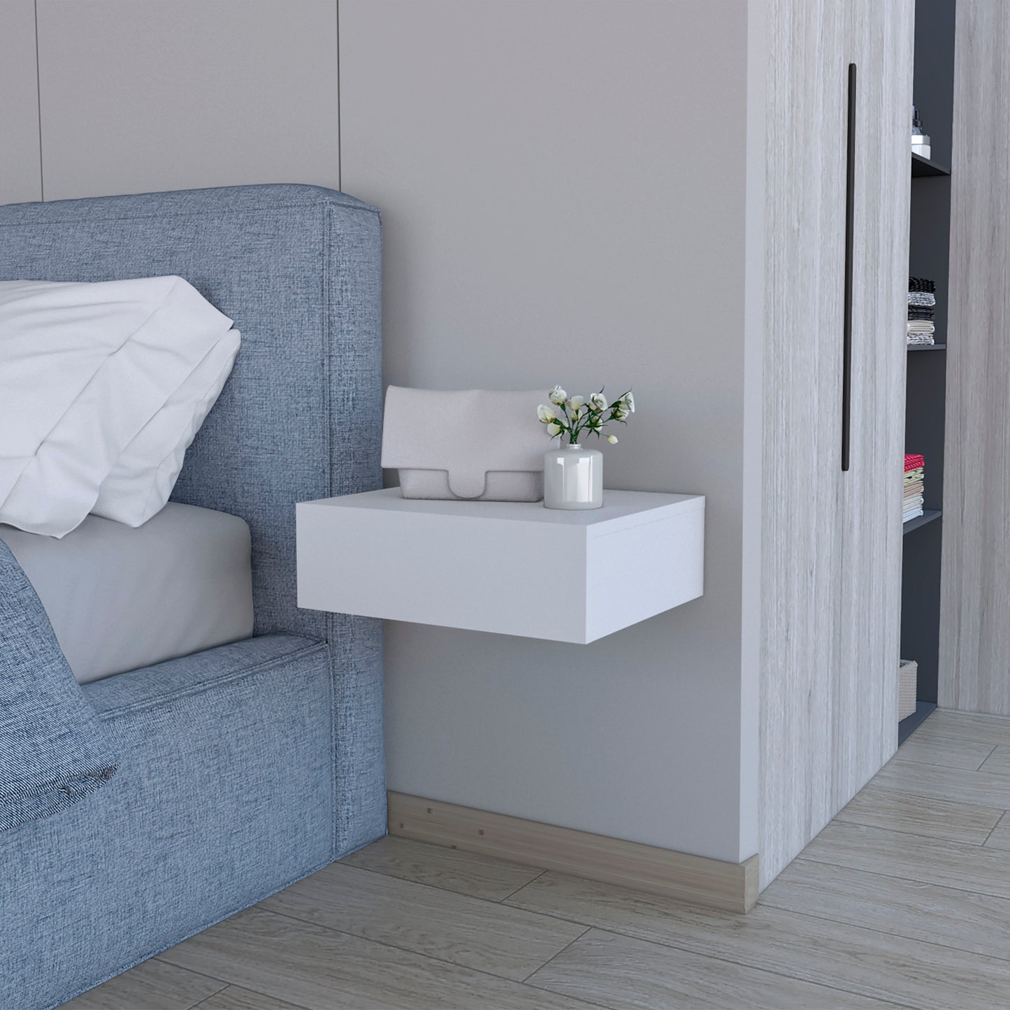Minimalist white floating nightstand with concealed drawer for bedroom storage