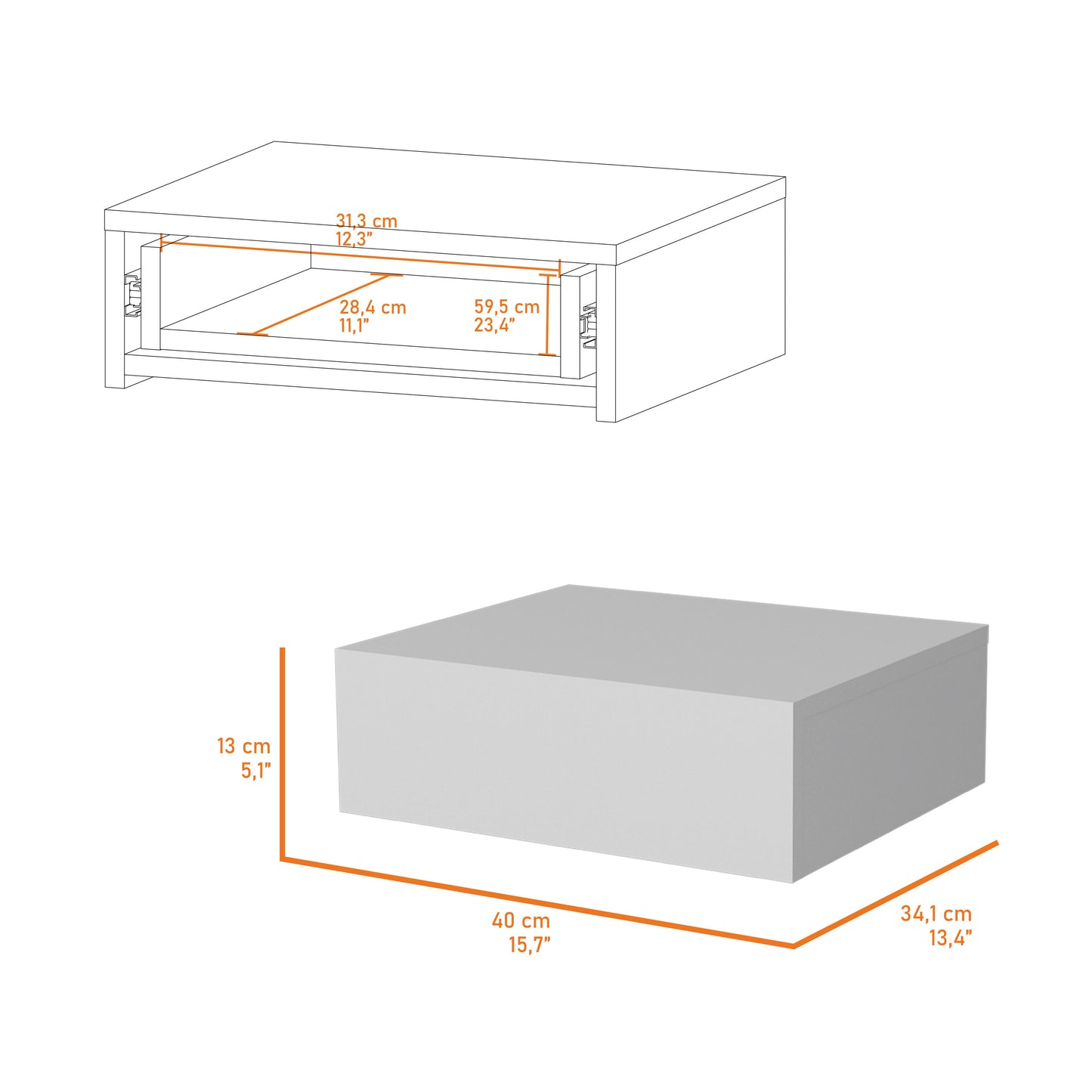 White drawer unit with internal dimensions of x x cm for storage