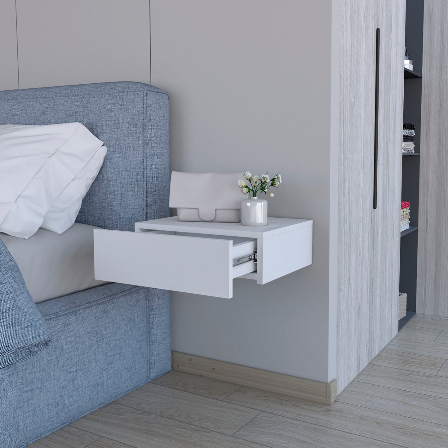White floating shelf with open drawer ideal for bedside storage and minimalist decor