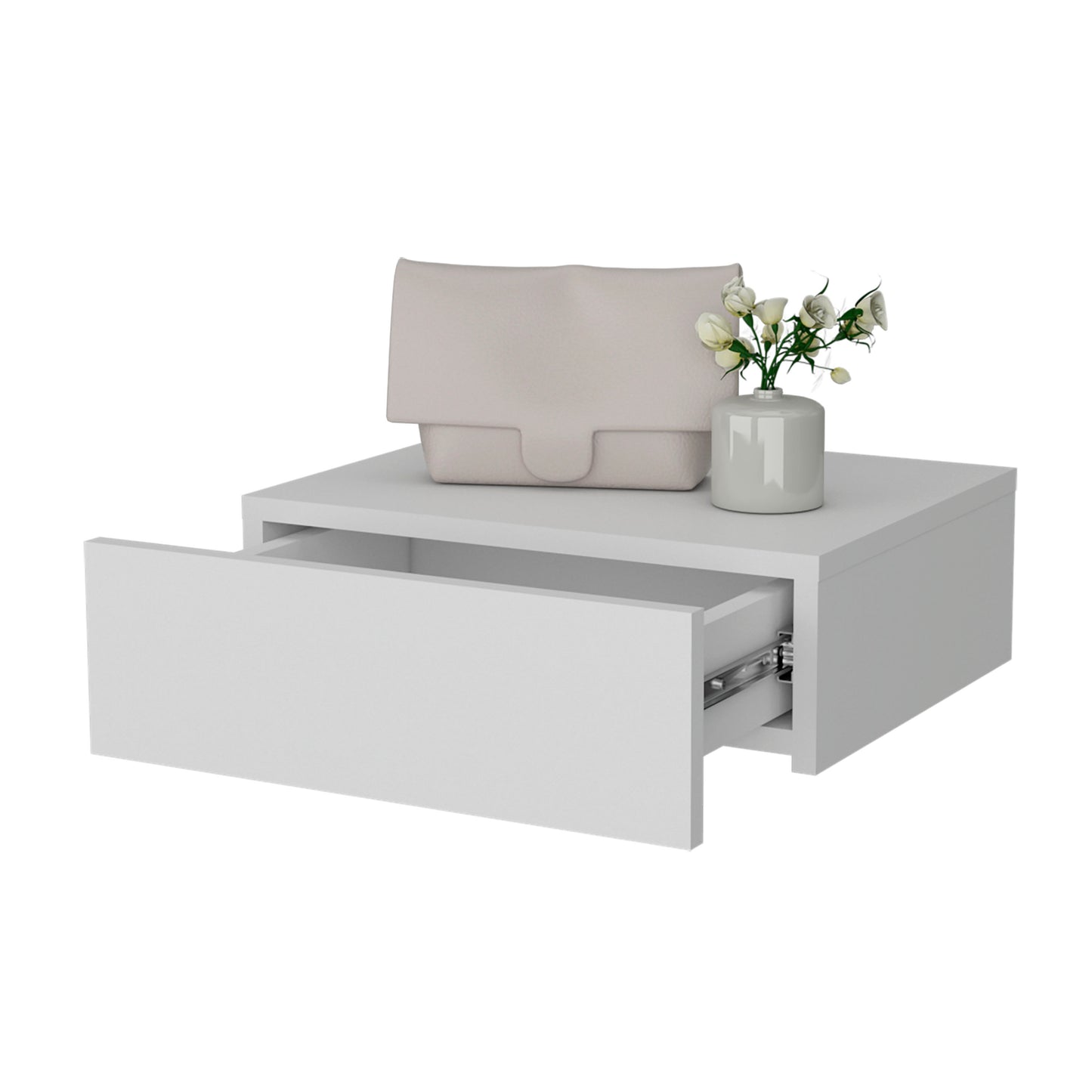 Floating bedside table with open drawer modern white design for bedroom storage