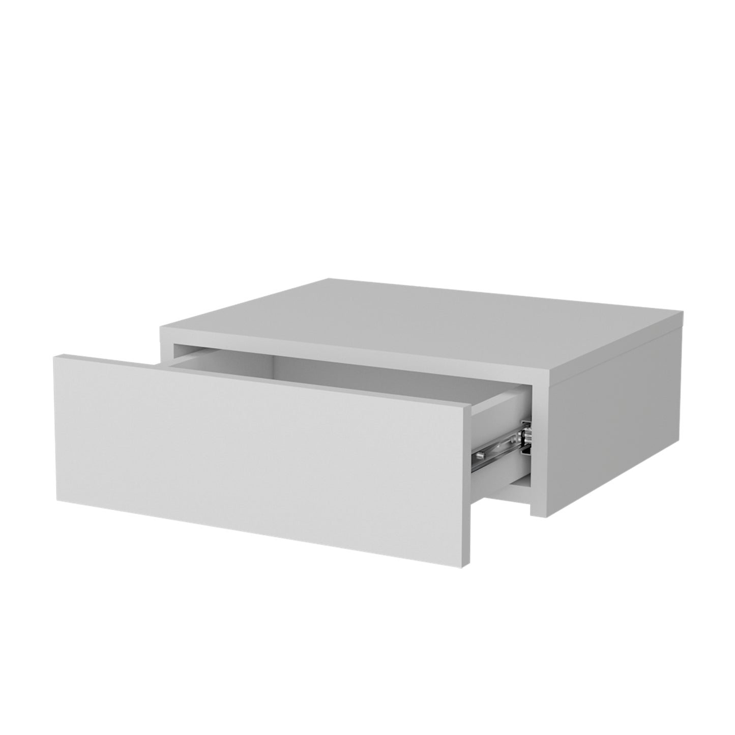 Minimalist white floating nightstand with open drawer and metal slides