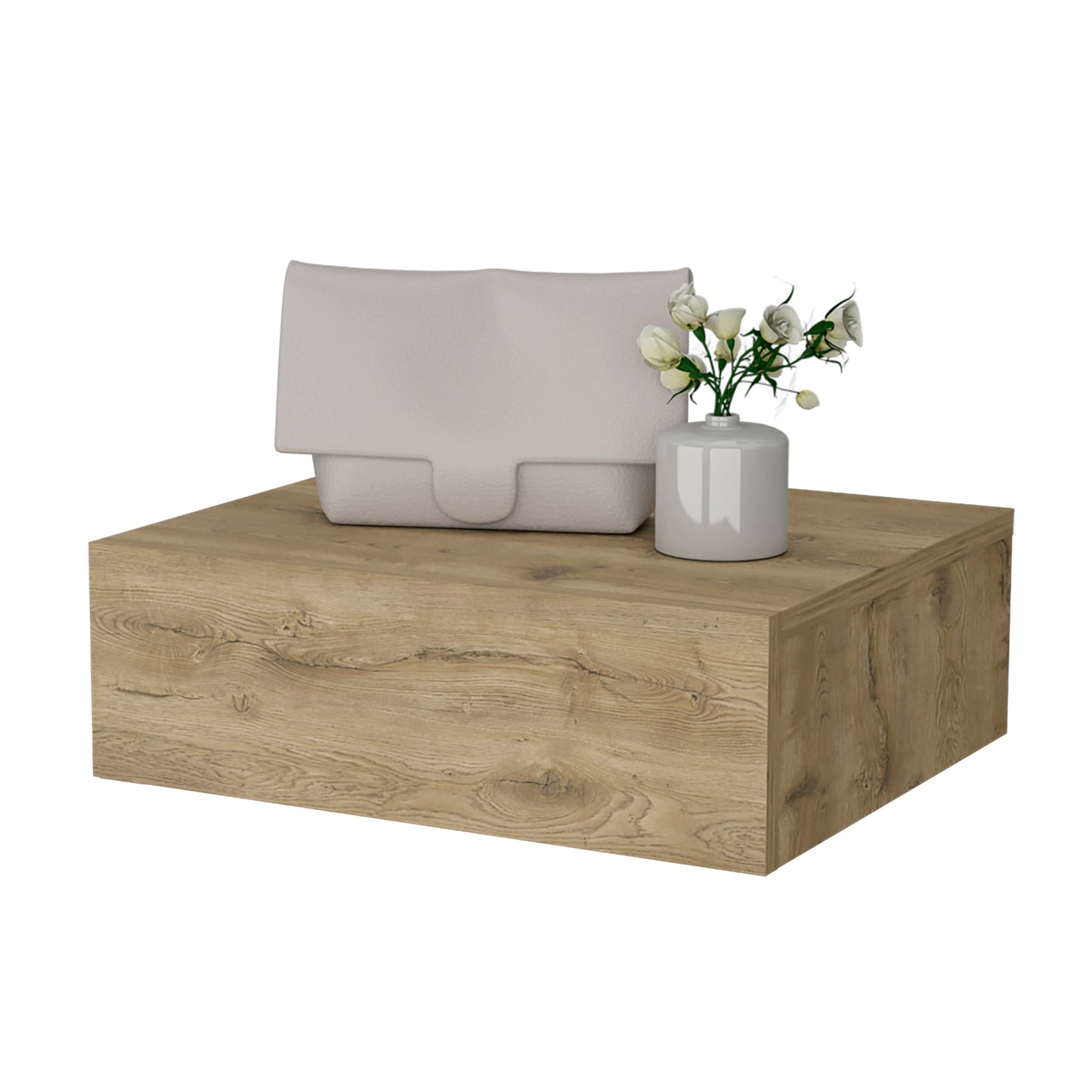 Modern floating nightstand with a light wood grain finish and a light grey textured panel perfect for bedside storage