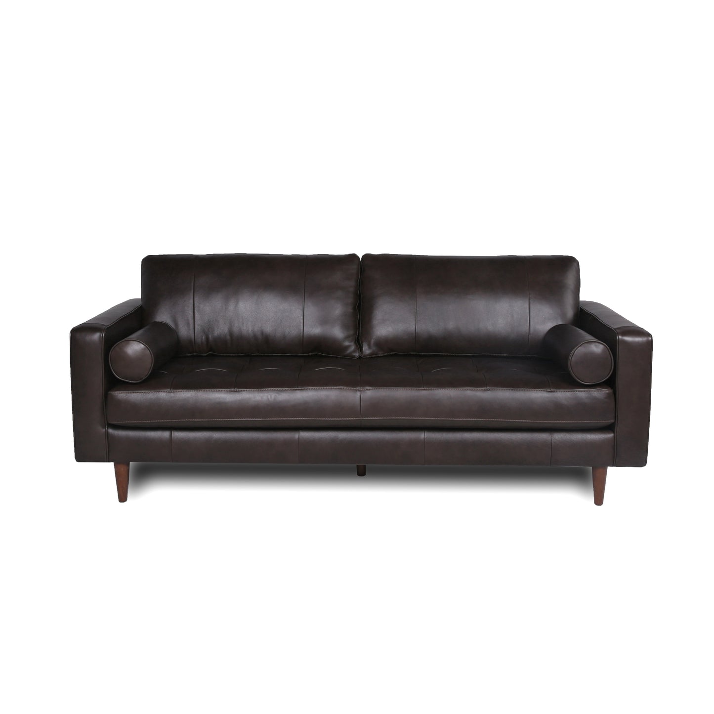 Dark brown tufted leather couch with bolster armrests and tapered wooden legs