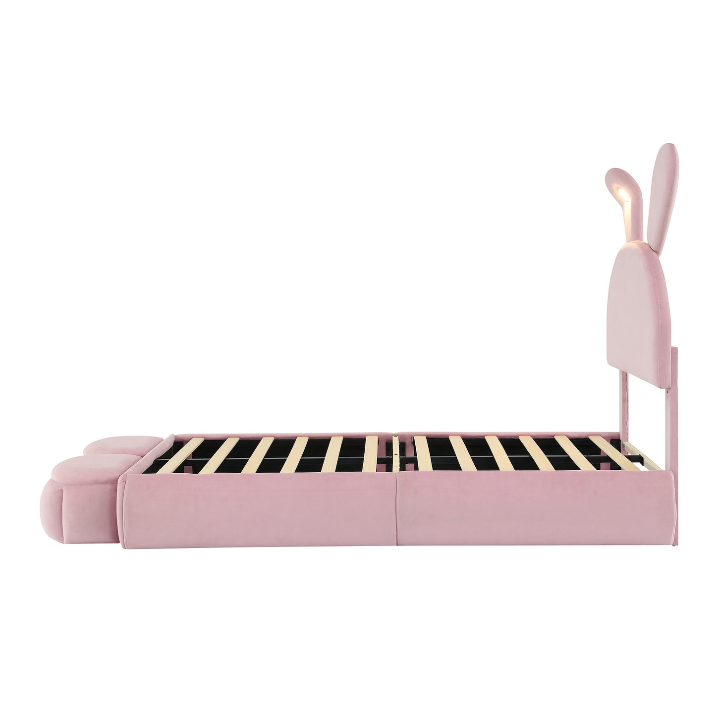 Pink velvet twin bed with integrated bunny ears headboard and builtin lights