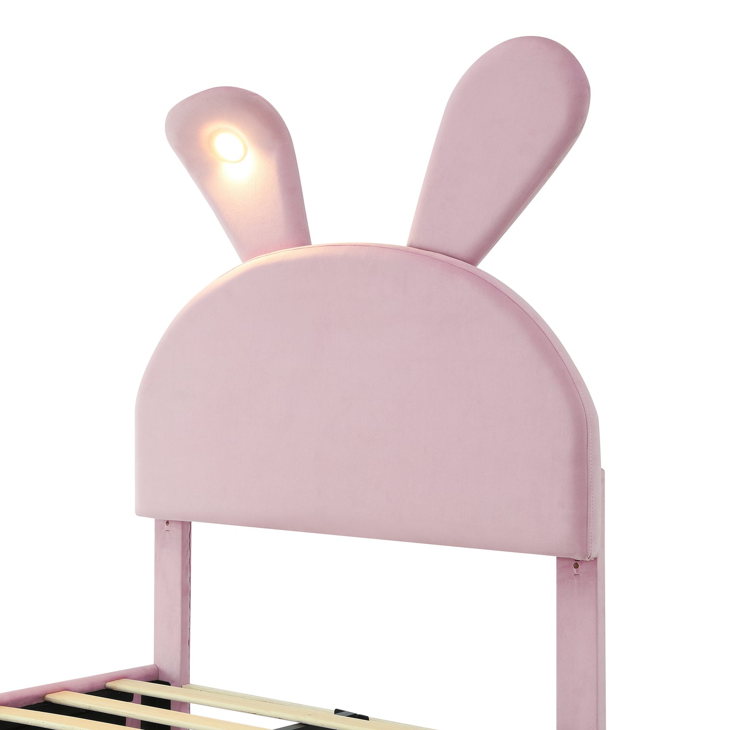 Pink velvet twin bed frame with integrated LED bunny ears headboard