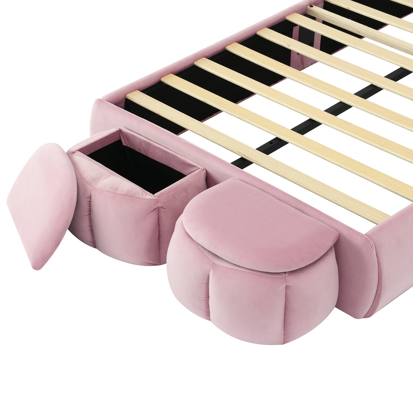 Pink velvet bed frame with integrated storage ottoman