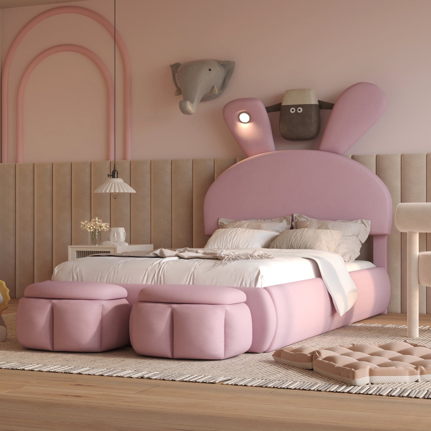Pink bunnyshaped upholstered bed for childrens room with plush toys