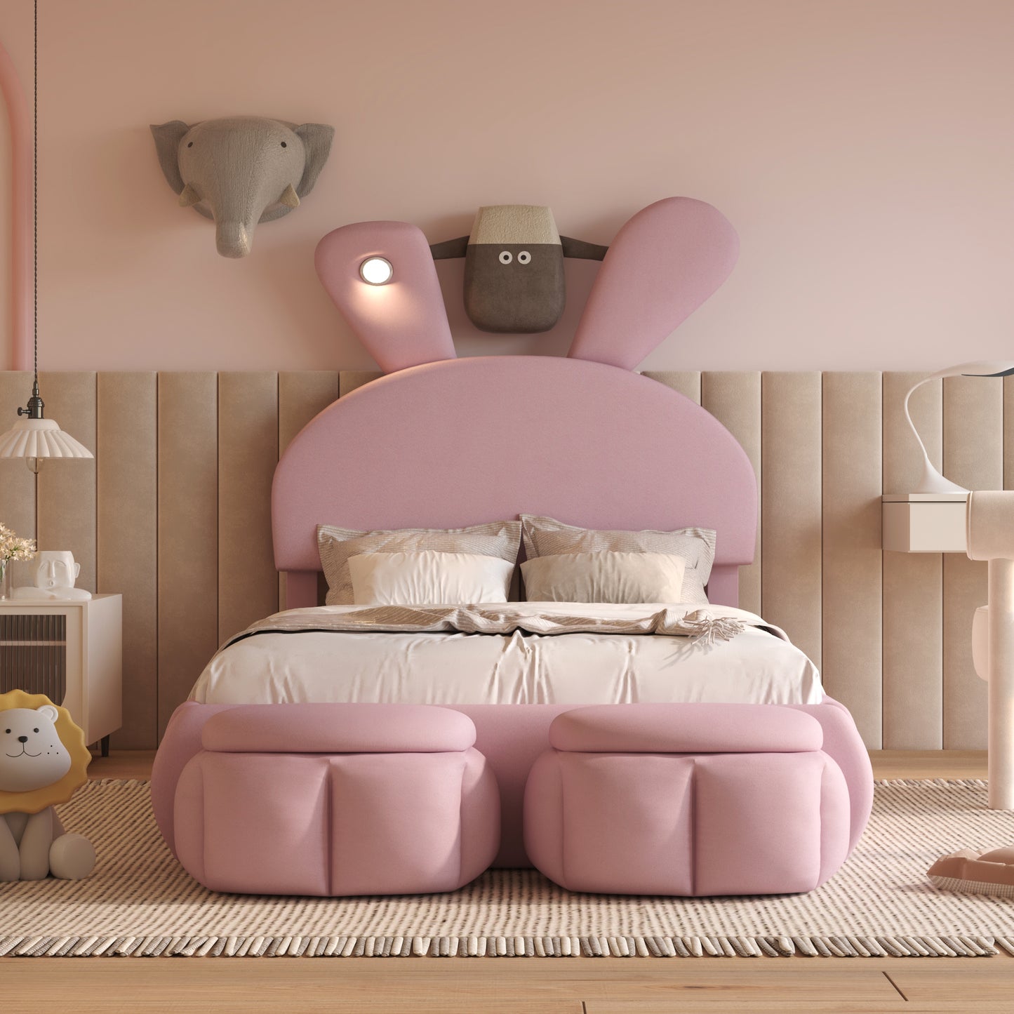 Pink upholstered kids bed with bunny ears headboard and plush feet