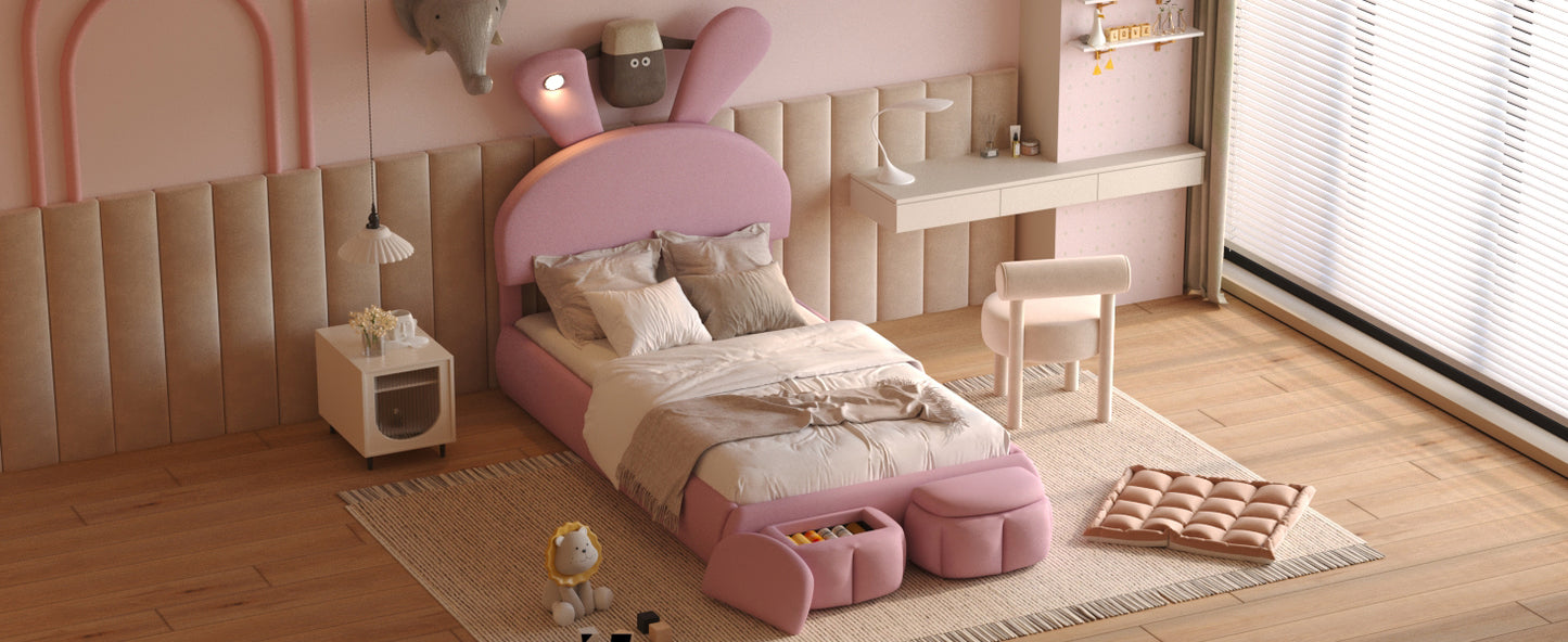 Pink upholstered rabbitshaped kids bed with storage