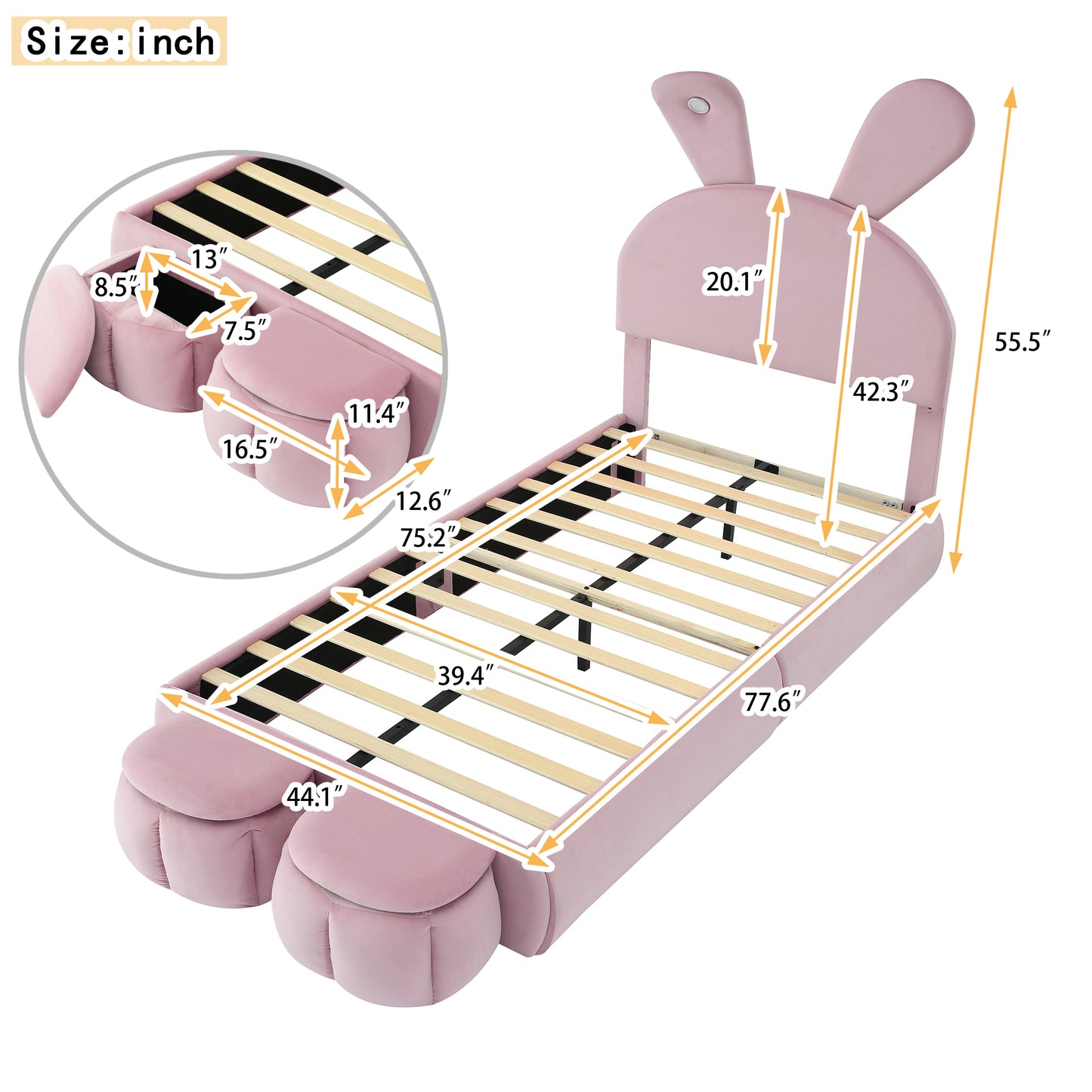 Pink velvet rabbit bed frame with dimensions