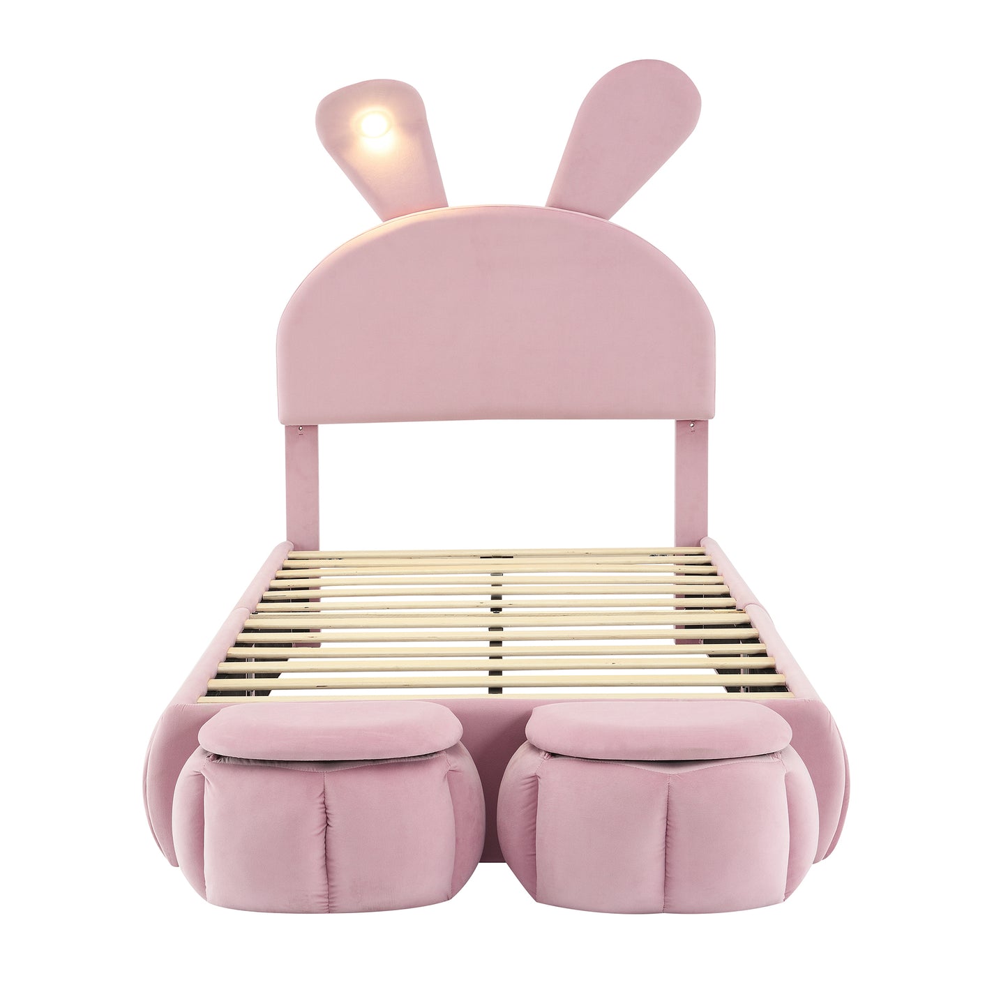 Pink velvet bunny twin bed frame with integrated LED lighting