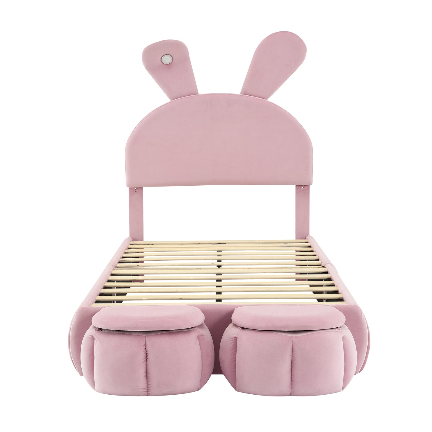 Pink velvet bunny bed frame with two attached footstool ottomans