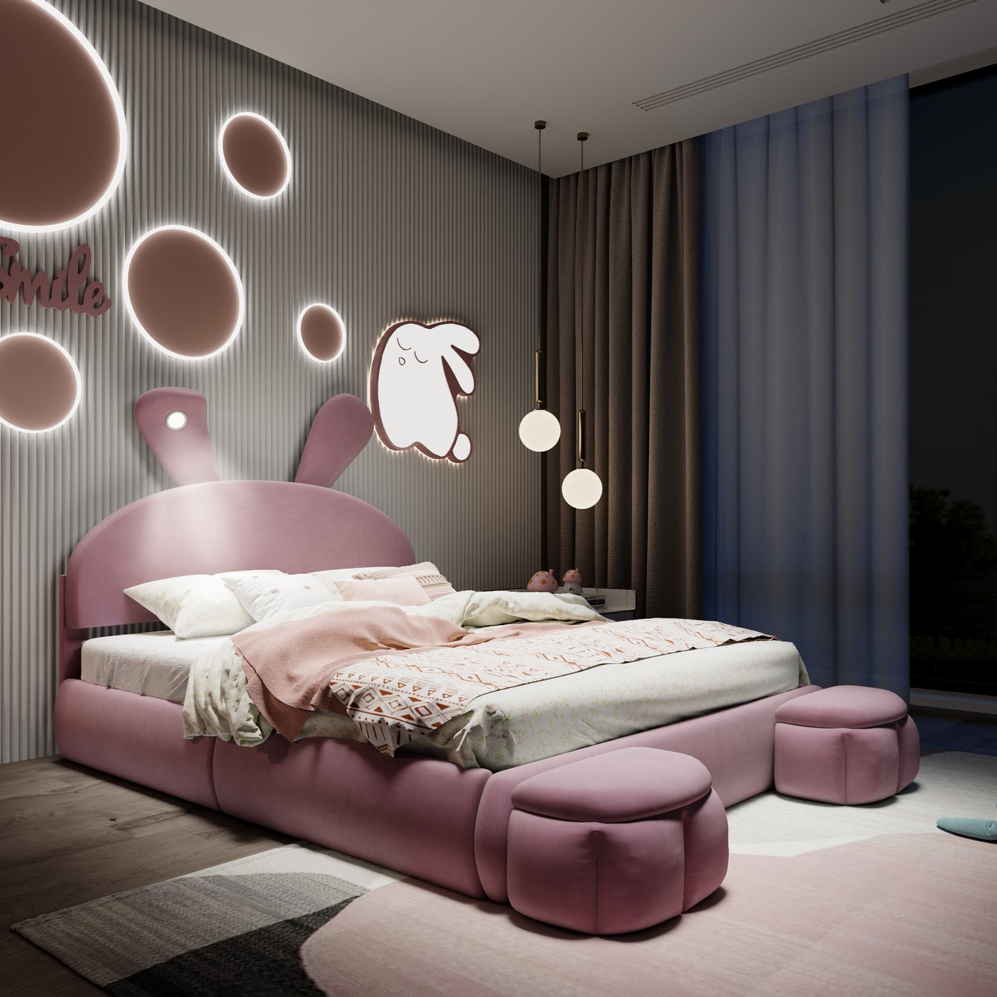 Pink velvet bunny bed with decorative wall lights