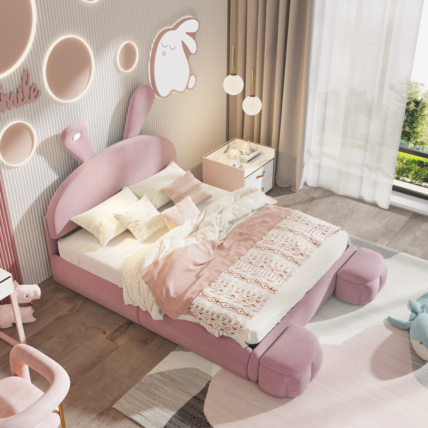 Plush pink velvet twin bed with bunny ears headboard and matching bedding