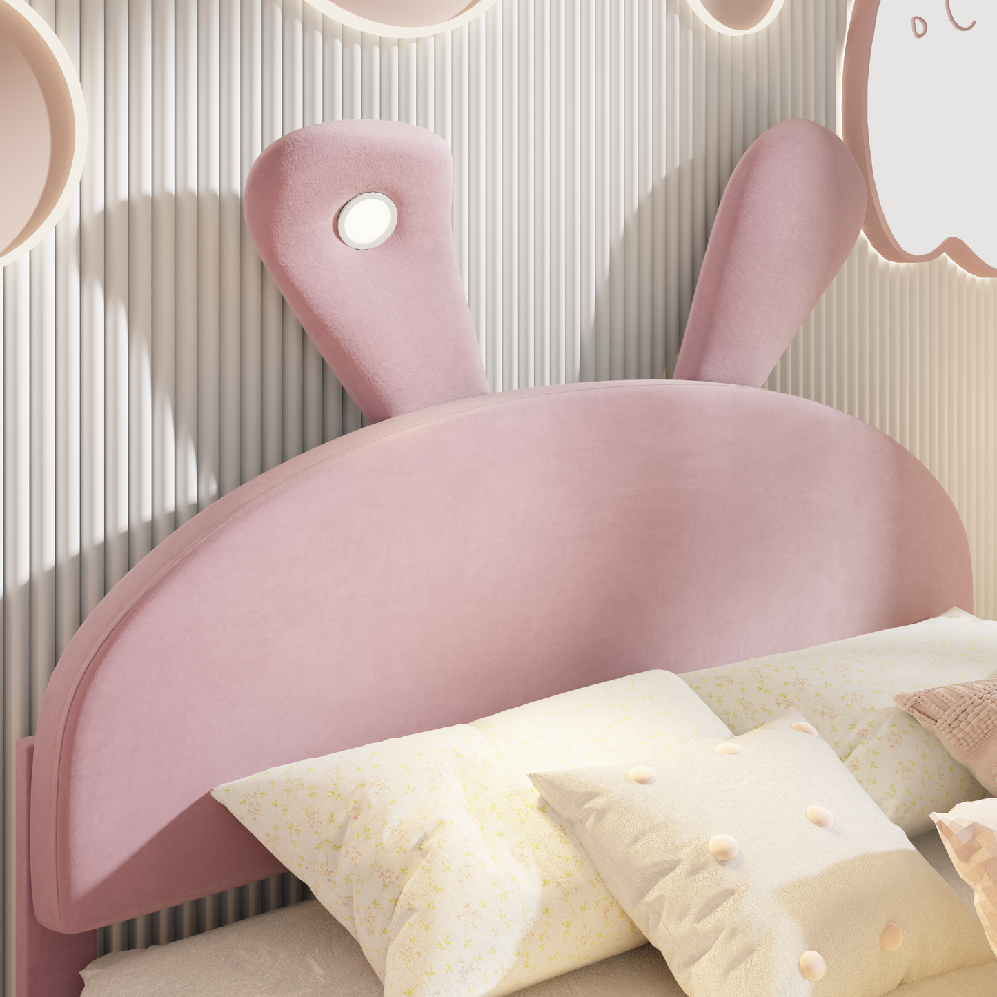 Pink velvet bunny bed frame with builtin LED lights and patterned pillows
