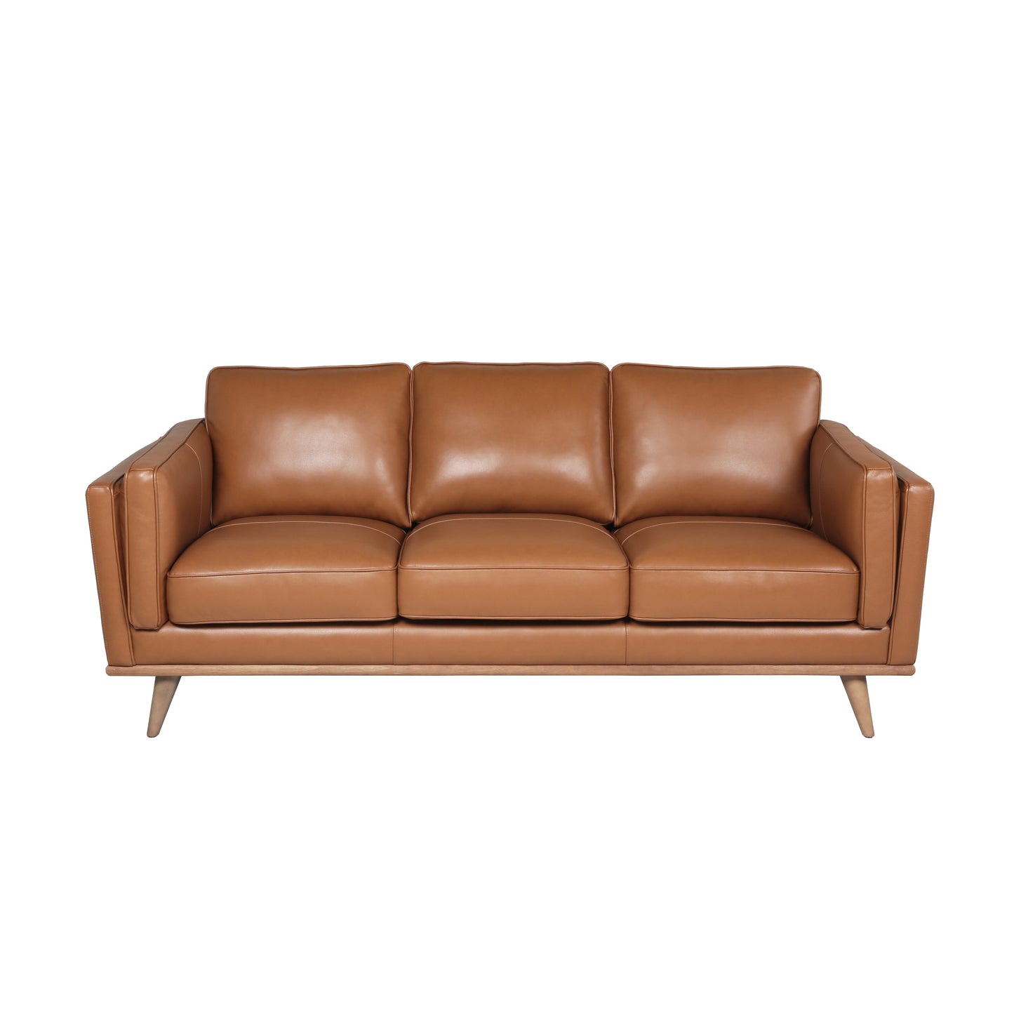 Luxurious tan leather sofa with plush cushions and a modern wood frame perfect for living room comfort