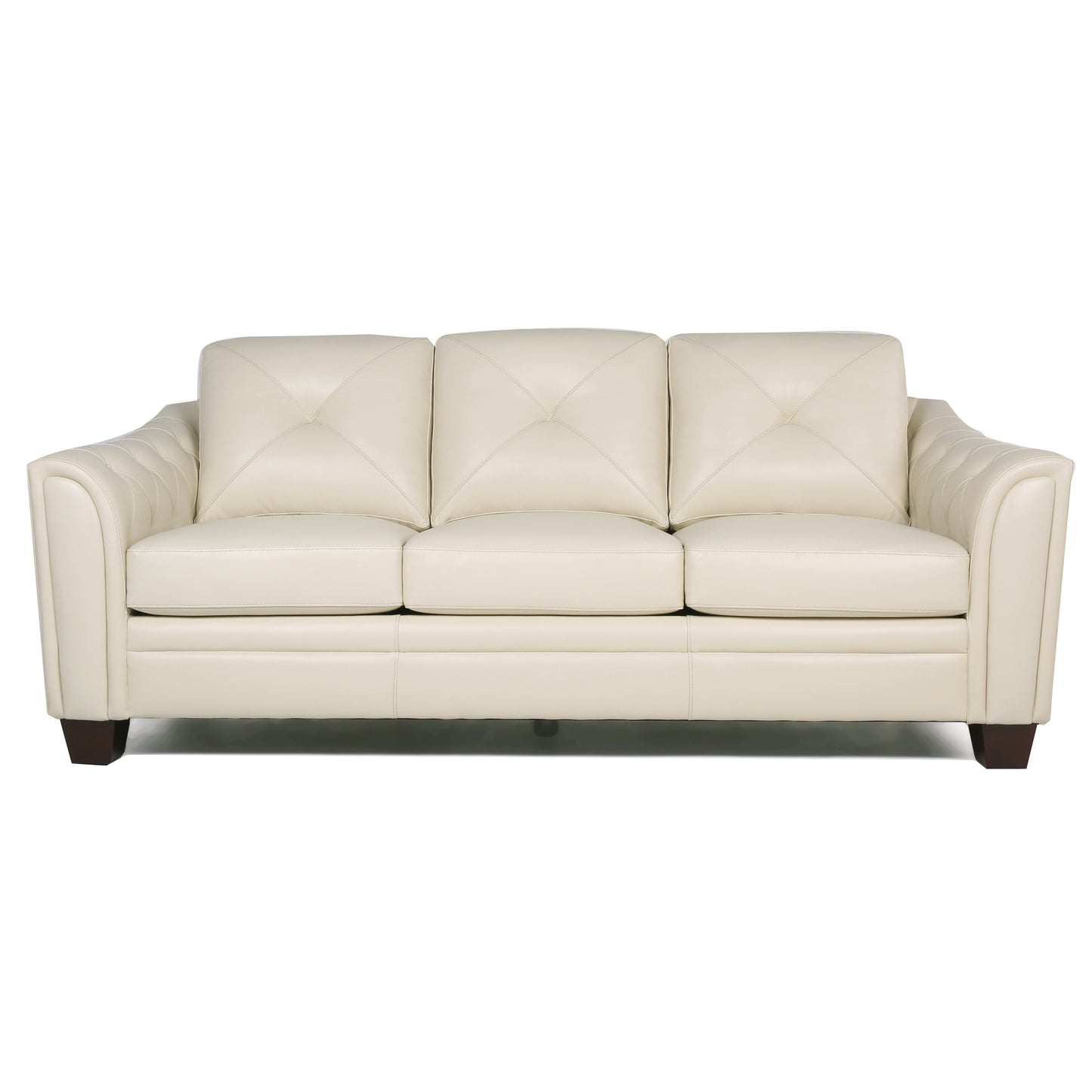 Elegant cream leather threeseater sofa with diamond tufting on the back cushions and plush seat cushions