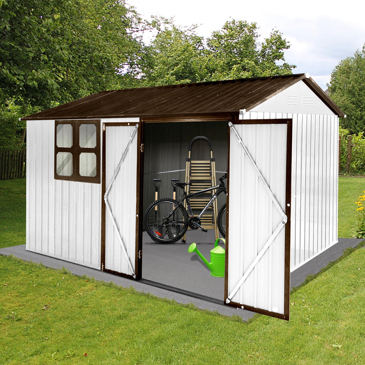 White metal garden shed with double doors open showing bike ladder and shovel