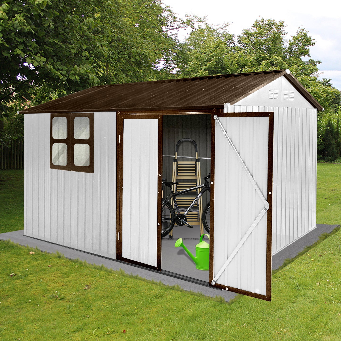White metal garden shed with brown trim featuring an open door revealing a bicycle and ladder