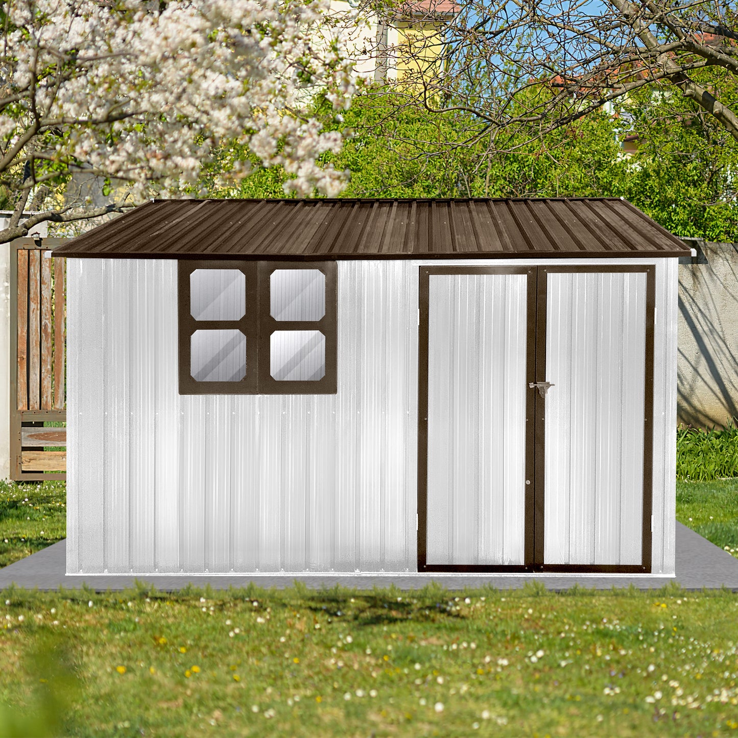 White corrugated metal storage shed with brown trim double doors and two windows