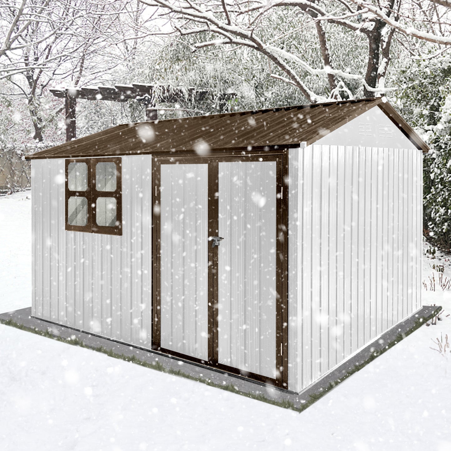 White metal storage shed with brown trim and a window for outdoor garden use